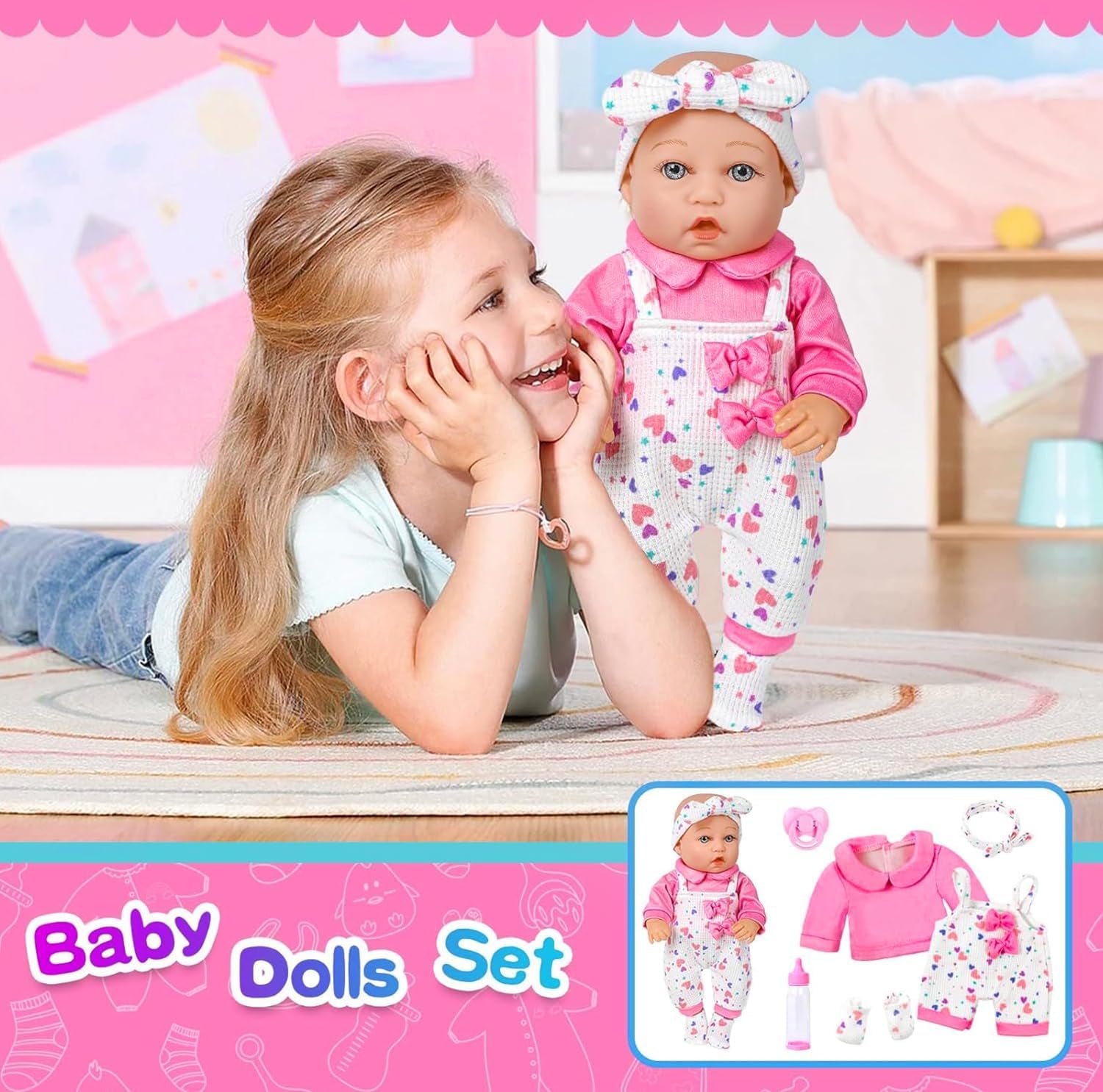 XFEYUE 12" Baby Doll with Pink Bowknot Clothing Set,12 Inch Realistic Baby Dolls with Clothes and Accessories,Pacifier Bottle Toy Pretend Play Collection for 3+ Child Girls Gifts