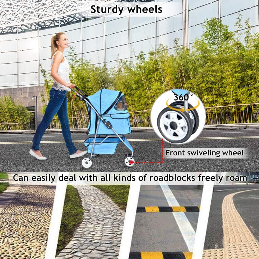 Dkeli 3-Wheel Pet Stroller, Lightweight Foldable Dog Stroller for Small Medium Dogs & Cats, Breathable Mesh & Weather Cover with Storage Basket, for Daily Walk Outdoor Travel (Blue)