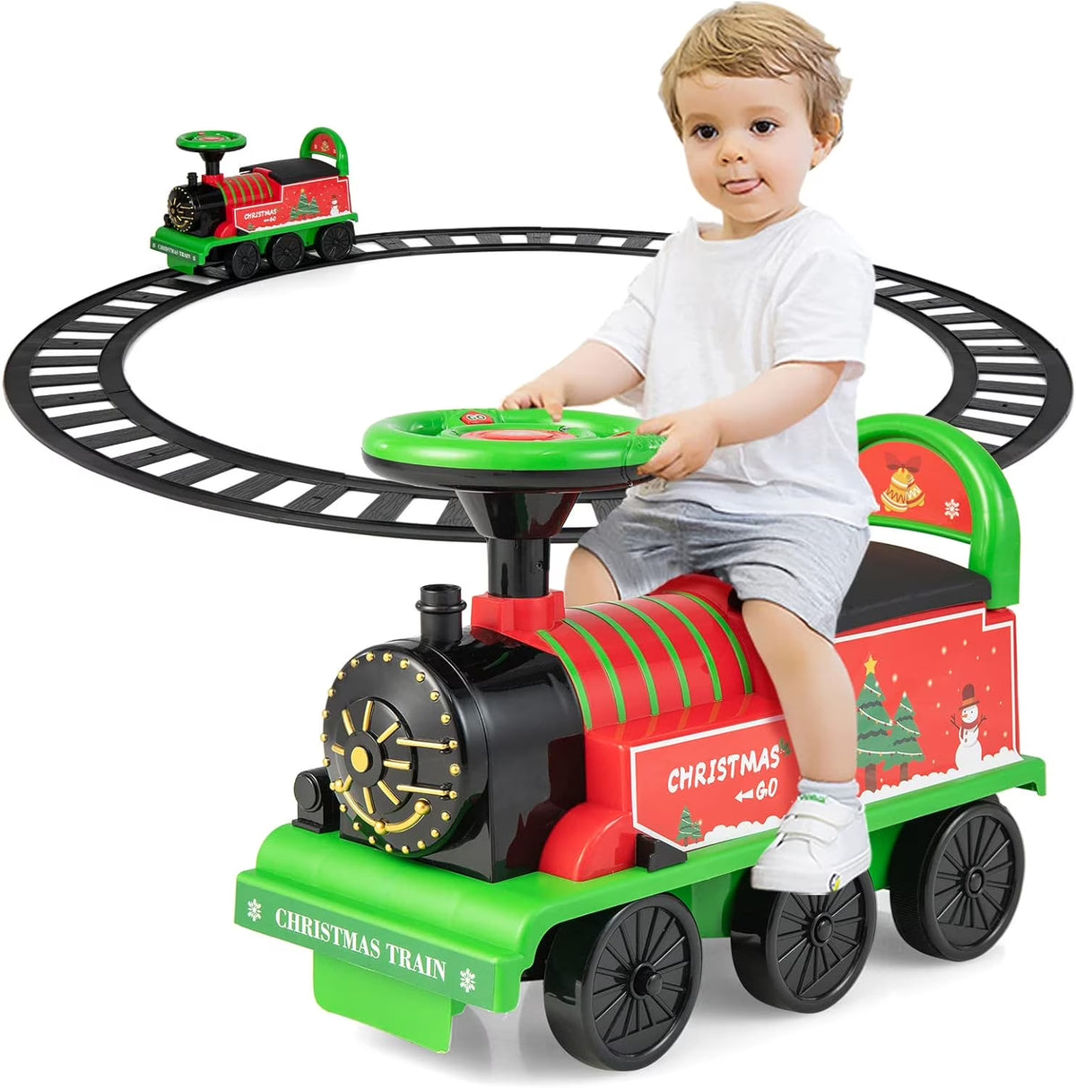 OLAKIDS Kids Ride on Train with Track, 6V Electric Toy with Lights and Sounds, Retractable Footrest, under Seat Storage, Christmas Theme Battery Powered Gift for Toddlers Boys Girls (Christmas Style)