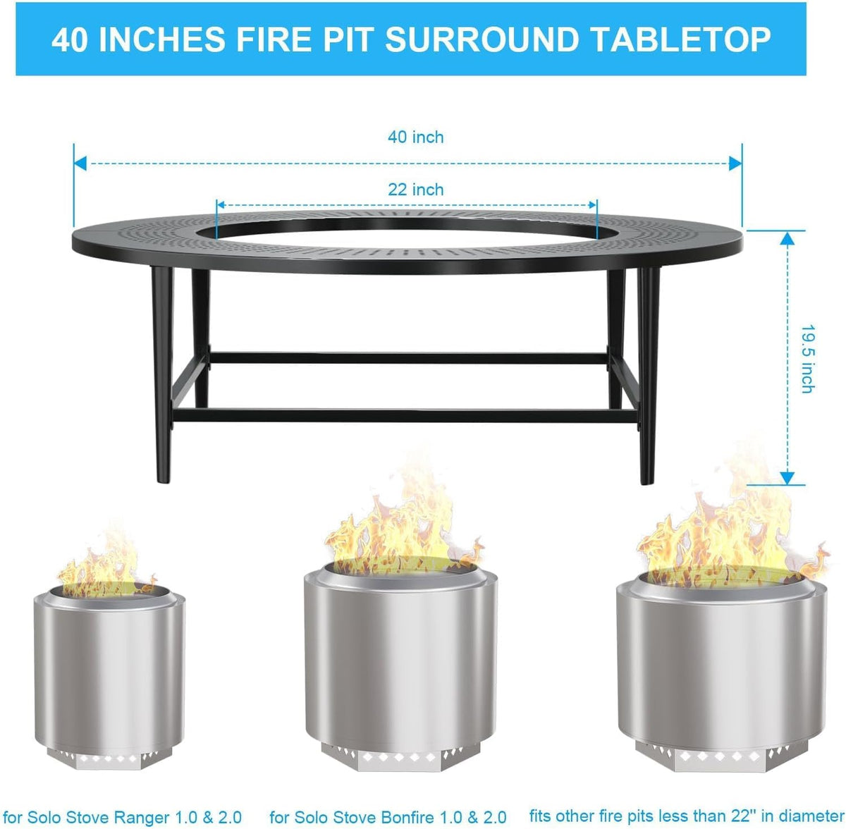 LS'BABQ 40" Fire Pit Surround Tabletop with Waterproof Cover for Solo Stove Bonfire & Ranger, round Outdoor Fire Pit Table for Most Wood-Burning Stoves under 22" Dia for Camping, Powder-Coated Steel