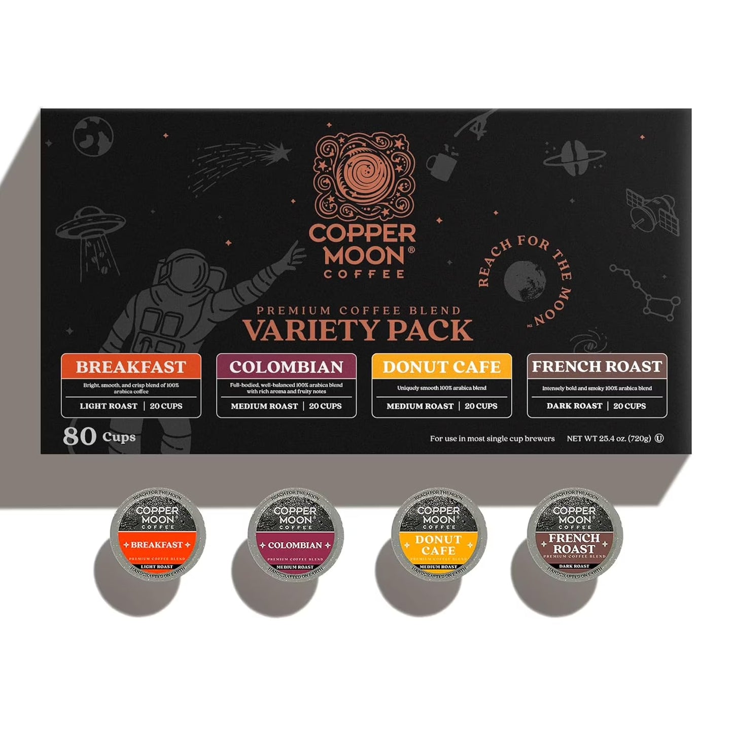 Copper Moon Variety Pack Coffee, Single Cup Pods, 20 Each: Donut Cafe, Breakfast Blend, Colombian, French Roast, 80 Ct