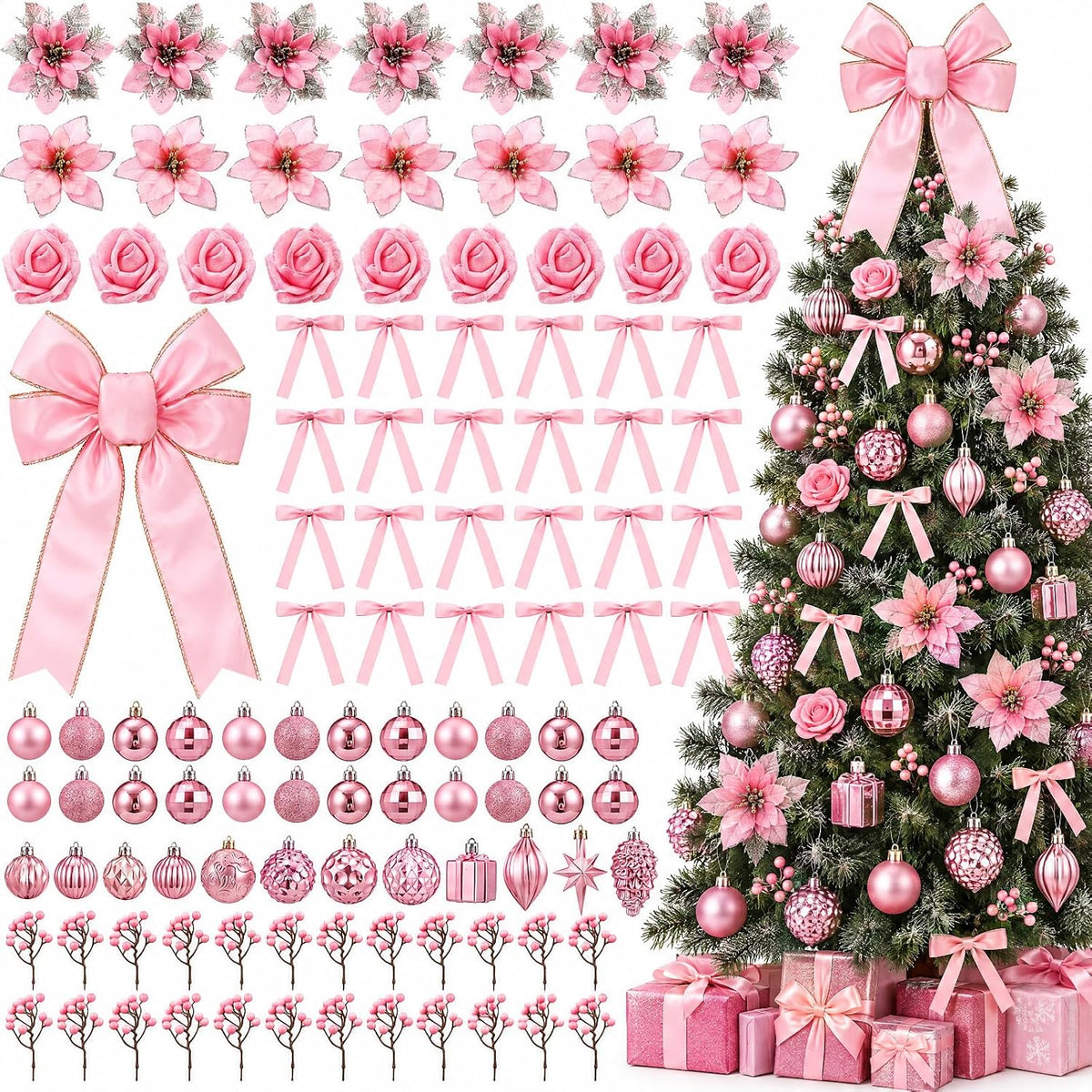 111 Pcs Pink Christmas Ornaments, Bow Topper Ball Poinsettia Rose