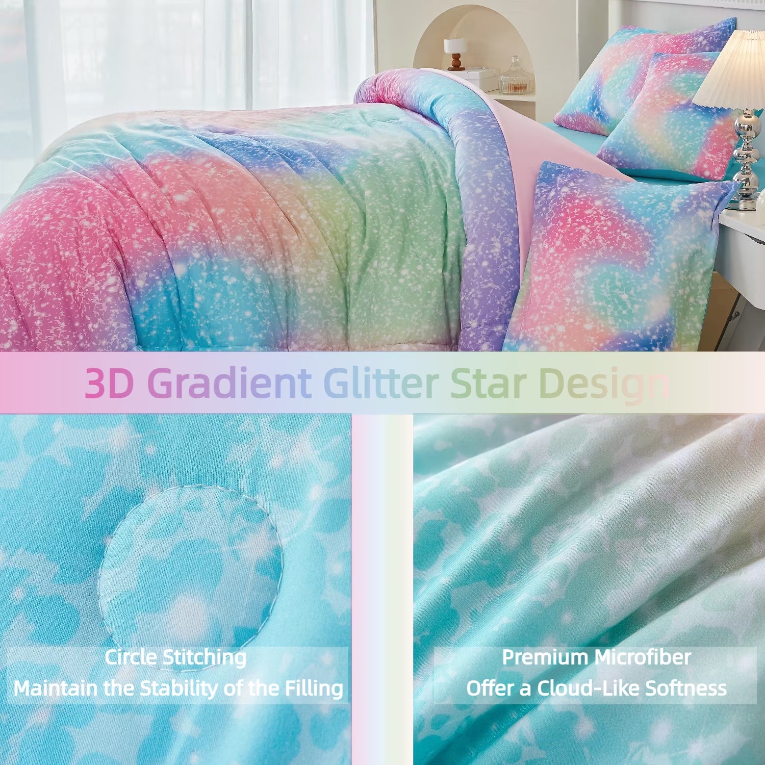 PERFEMET Kids Queen Comforter Set Girls,6-Piece Colorful Rainbow Bedding Set,All-Season Galaxy Star Bed Set with Sheets for Queen Beds