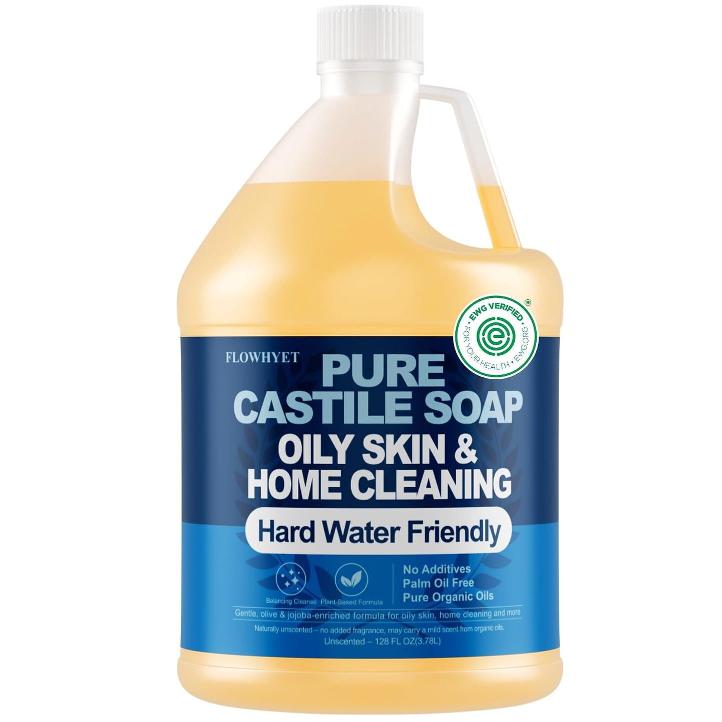 1 Gallon Pure Castile Soap Liquid EWG Verified Unscented | Oily Skin&Hard Water Friendly Organic Castille Hand Soap Refill, 128 Oz, Home Cleaning, Body Wash, , Concentrate Unscented