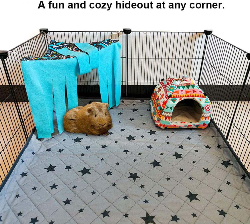 RIOUSSI Guinea Pig Hideout Hideaway Corner Fleece Toys Cage Accessories with Reversible Sides, Geo/Gray+Blue X 1 Curtain