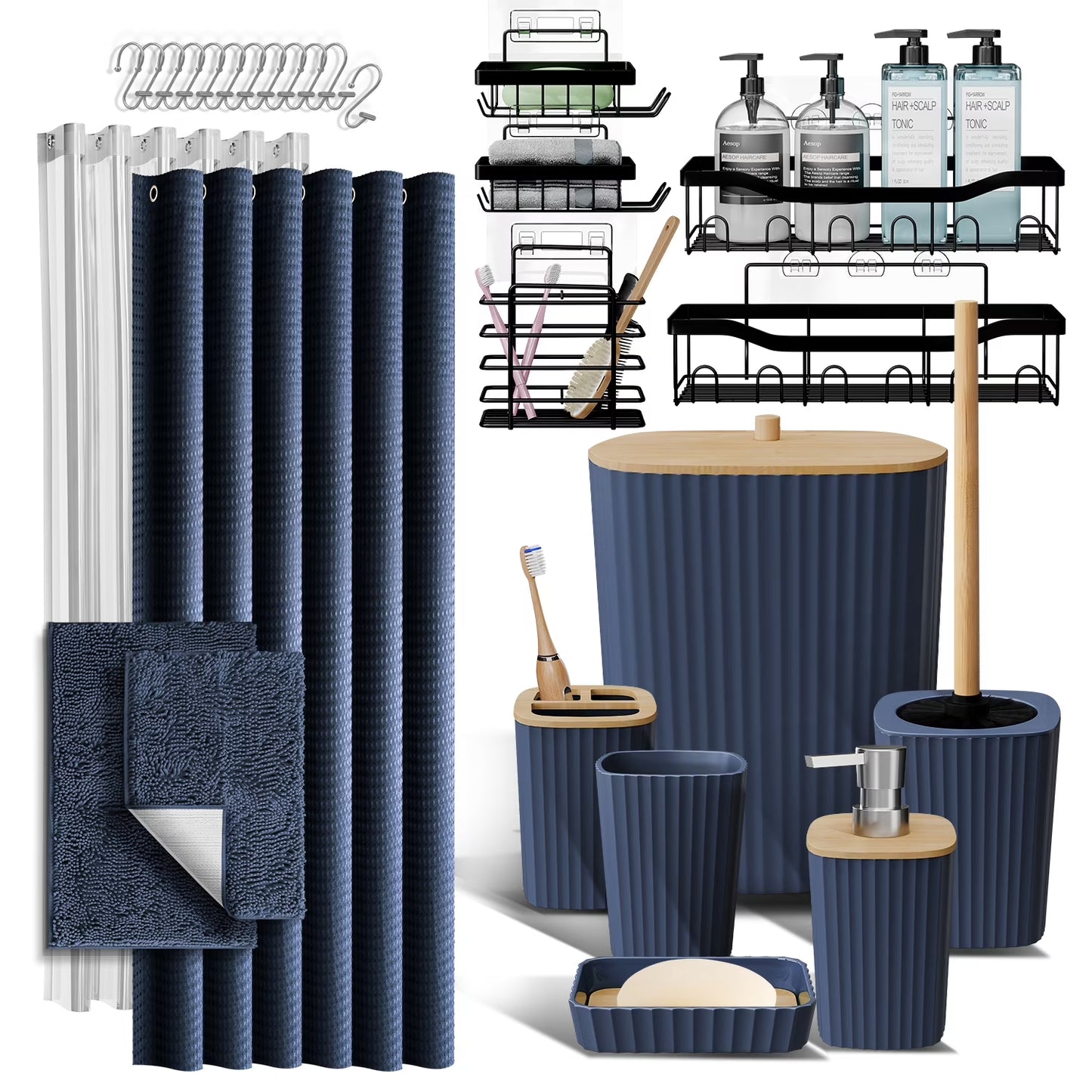 Hearth & Harbor 27 Piece Bamboo Bathroom Sets, Christmas Bathroom Accessories Set with Bathroom Rugs and Shower Caddy Set