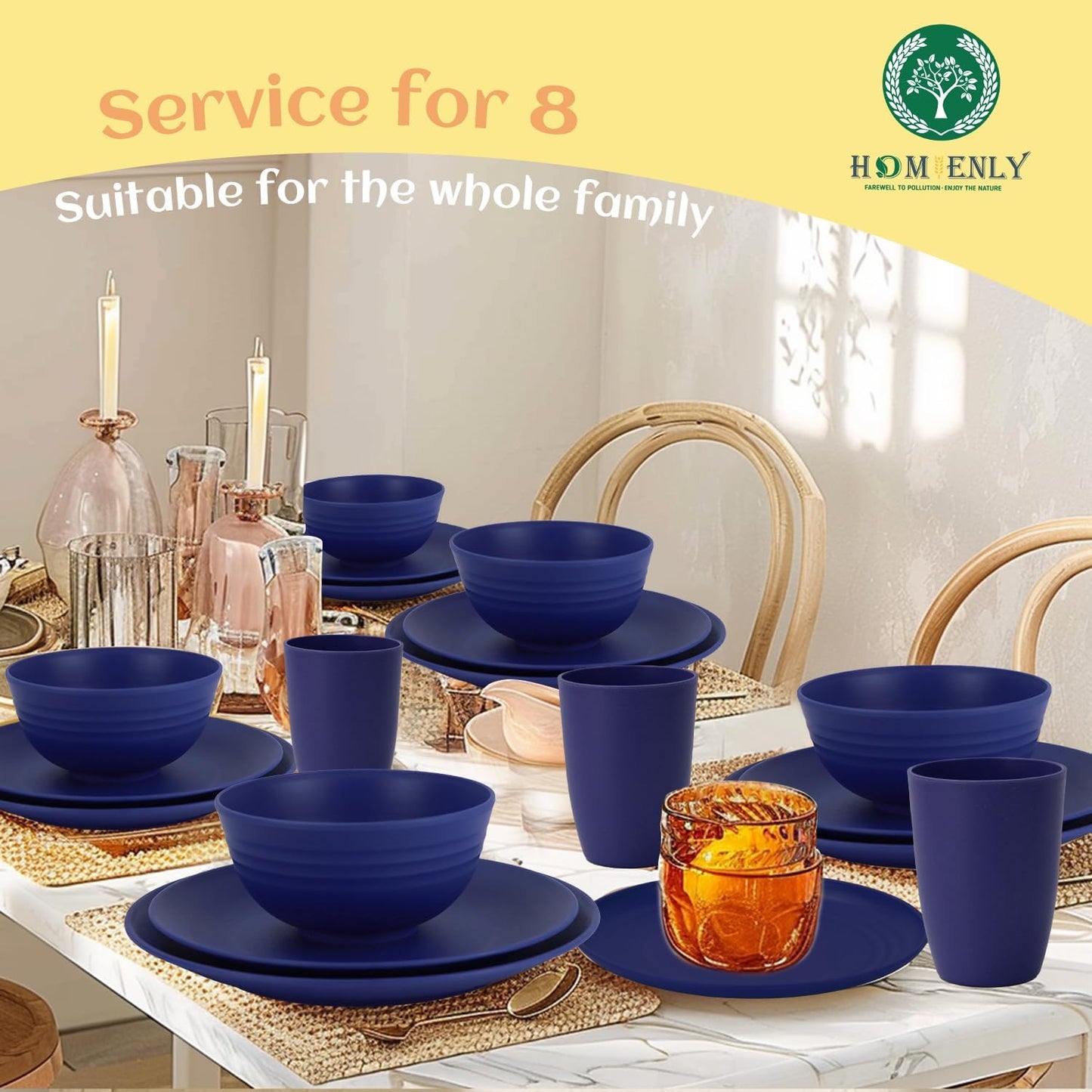 Homienly 40 Pcs Wheat Straw Dinnerware Sets, Dinner Plates, Cups, Pasta Bowls, Dishes Set for 8, Microwave Safe Plates and Bowls Sets, Blue