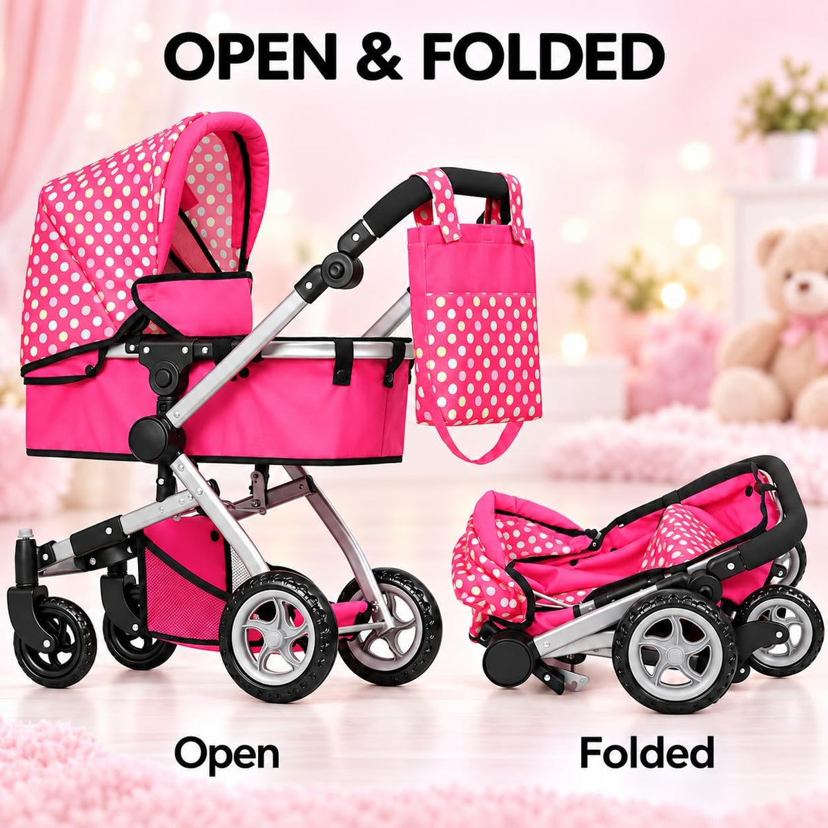 Fash N Kolor Foldable Pram for Baby Doll with Polka Dots Design with Swiveling Wheel Adjustable Handle