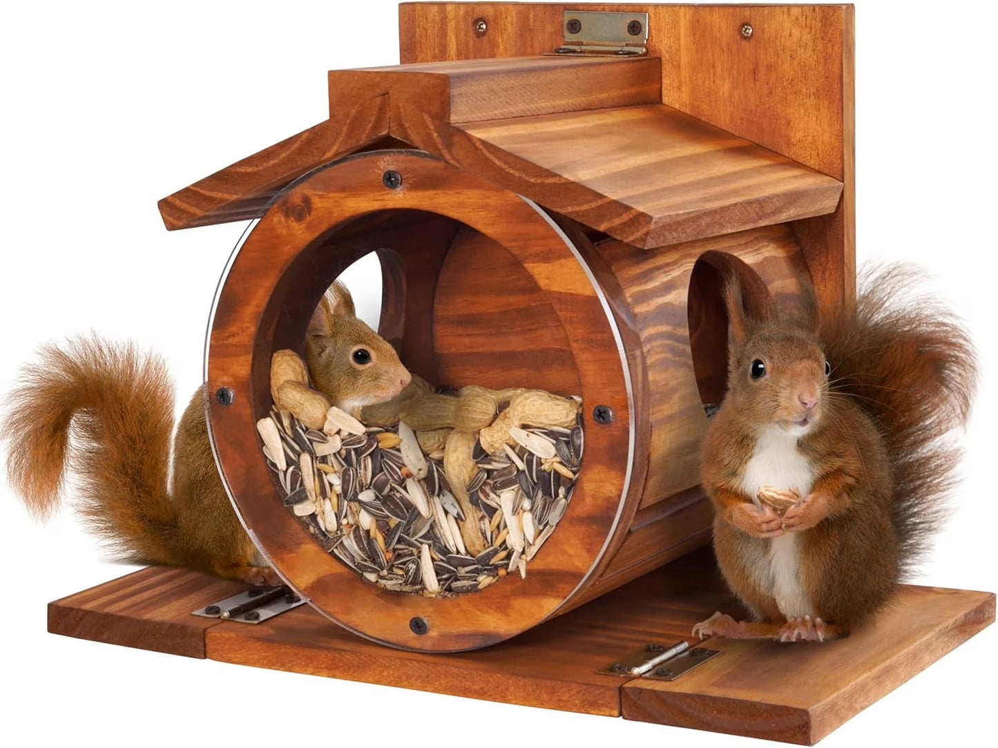 VASGOR Wood Squirrel Feeder, Squirrel Feeders for outside Winter, Wooden Chipmunk Feeder for Corn, Peanuts, Durable Box Easy to Fill with the Roof Can Be Opened