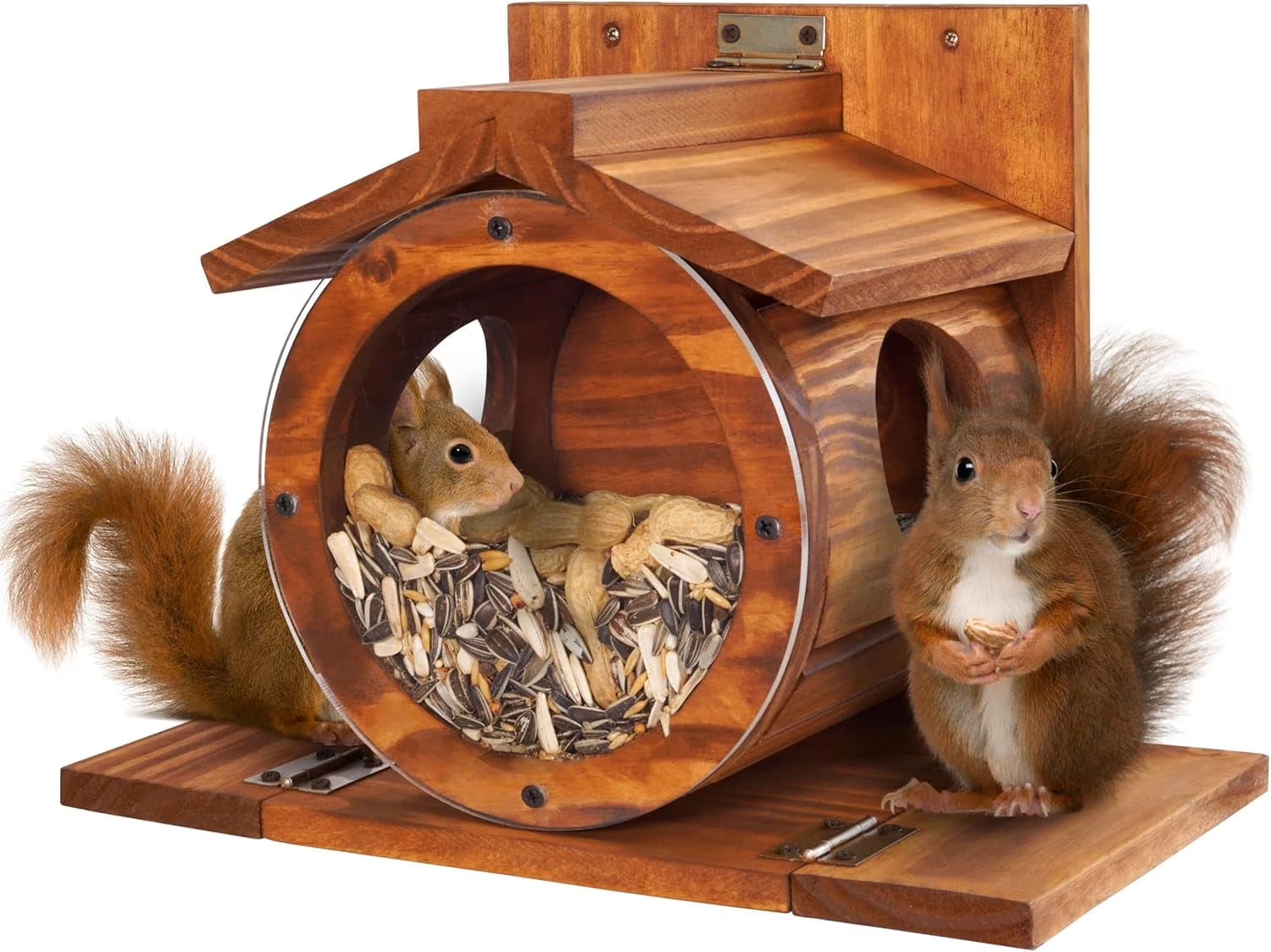 VASGOR Wood Squirrel Feeder, Squirrel Feeders for outside Winter, Wooden Chipmunk Feeder for Corn, Peanuts, Durable Box Easy to Fill with the Roof Can Be Opened