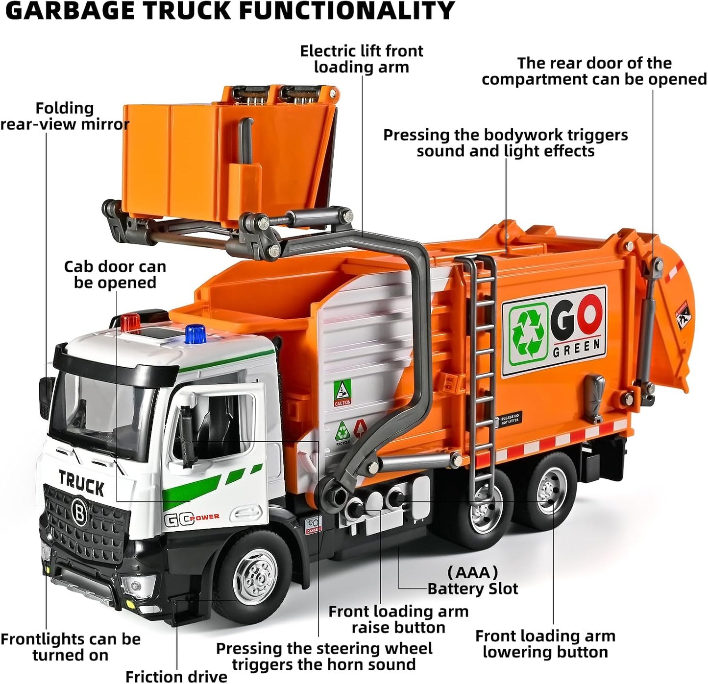 Large Metal Garbage Truck Toy for Boy 4-7, Kid Trash Truck with Auto-Lift Function, Trash Truck Toy with Light and Sound, Metal Cab, Birthday Gift Kids Pretend Play Toy Garbage Truck for Boys