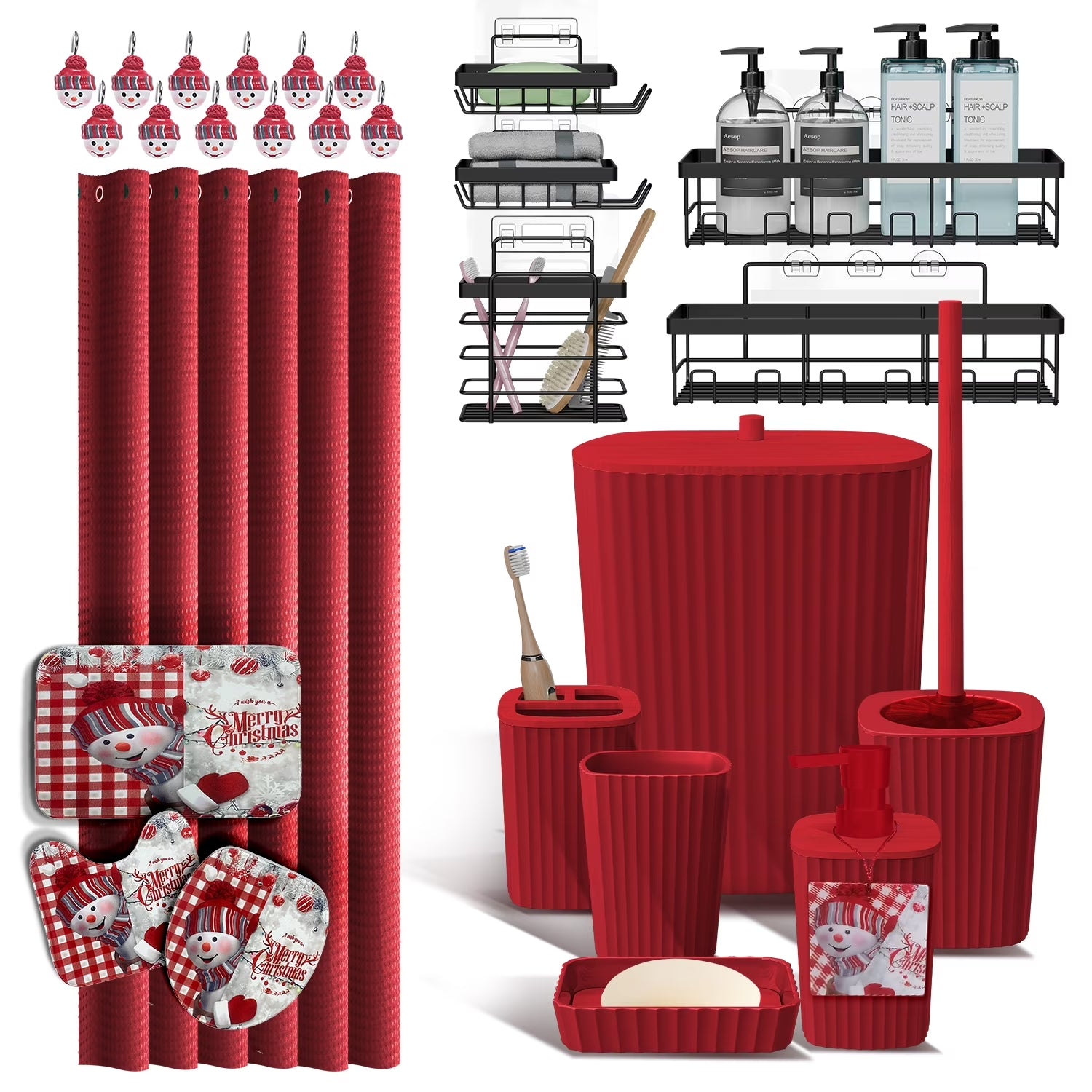 Hearth & Harbor 27 Piece Bamboo Bathroom Sets, Christmas Bathroom Accessories Set with Bathroom Rugs and Shower Caddy Set