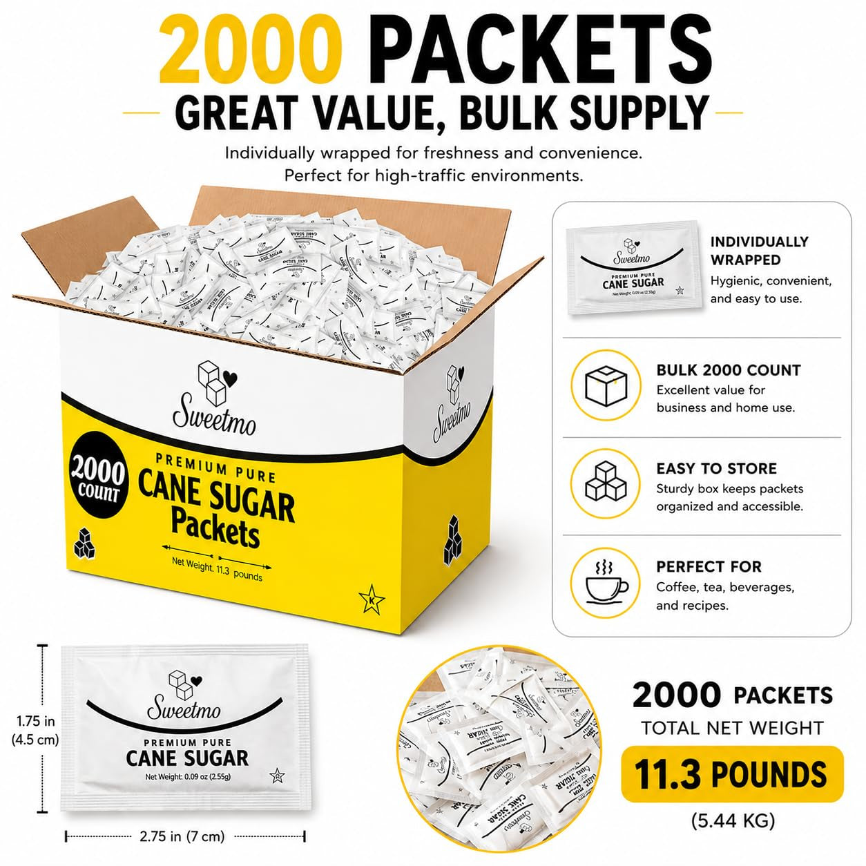 Sweetmo Sugar Packets 2000 Count – Pure Cane White Granulated Sugar Packets, Individual Wrapped, Bulk Packets for Coffee, Restaurants, Office, Cafés & Food Service