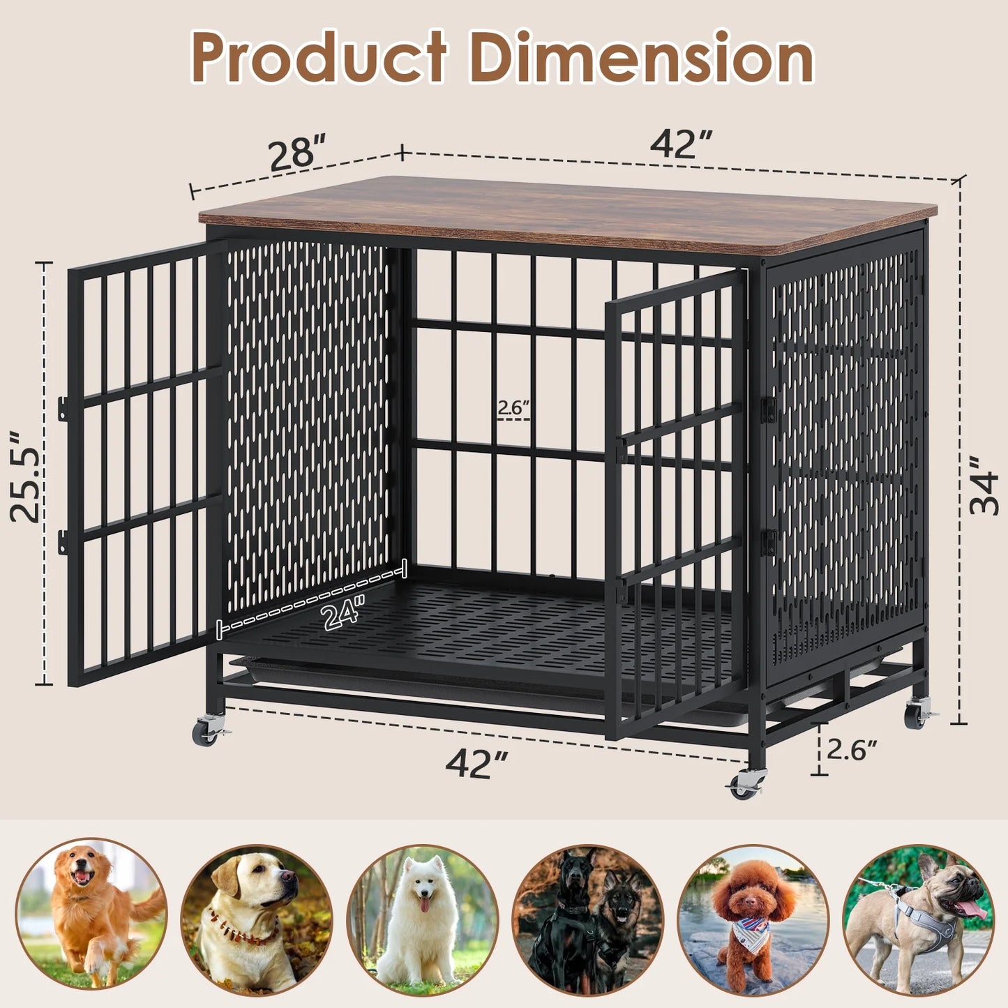 Winkalon 42 Inch Large Dog Crate Rustic Style Furniture Dog Cage Crate with 3 Doors and 4 Wheels Heavy-Duty Kennel,Brown
