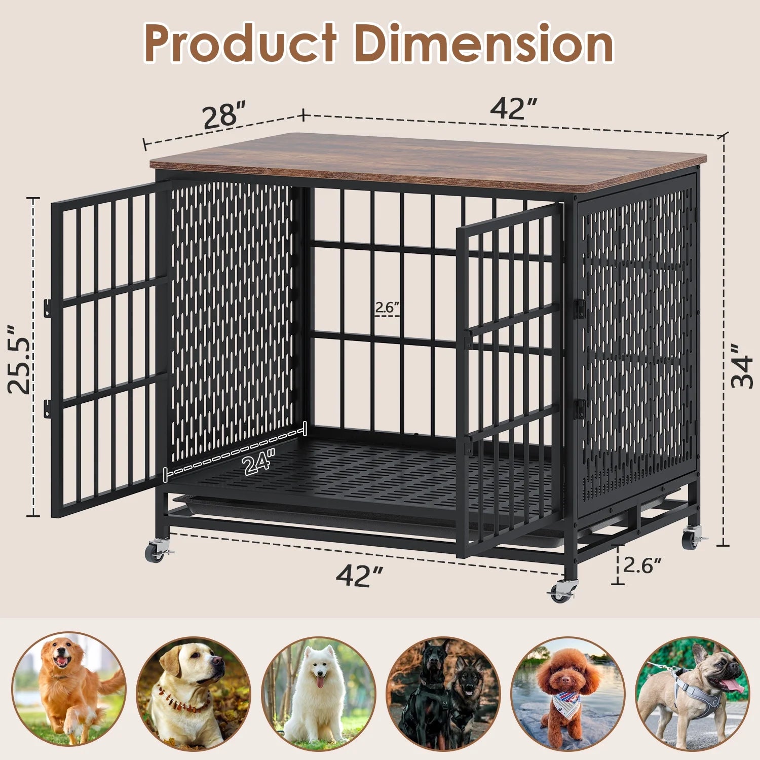 Winkalon 42 Inch Large Dog Crate Rustic Style Furniture Dog Cage Crate with 3 Doors and 4 Wheels Heavy-Duty Kennel,Brown