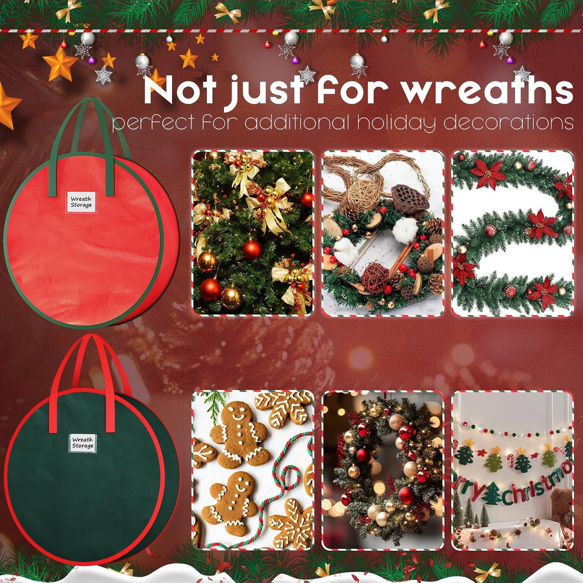 Wreath Storage Container, 2 Pack Christmas Wreath Storage Bag with Sturdy Handle, Two-Way Zipper,Durable Wreath Storage Organizer Box for Holiday Decoration (Red, 24"X8")
