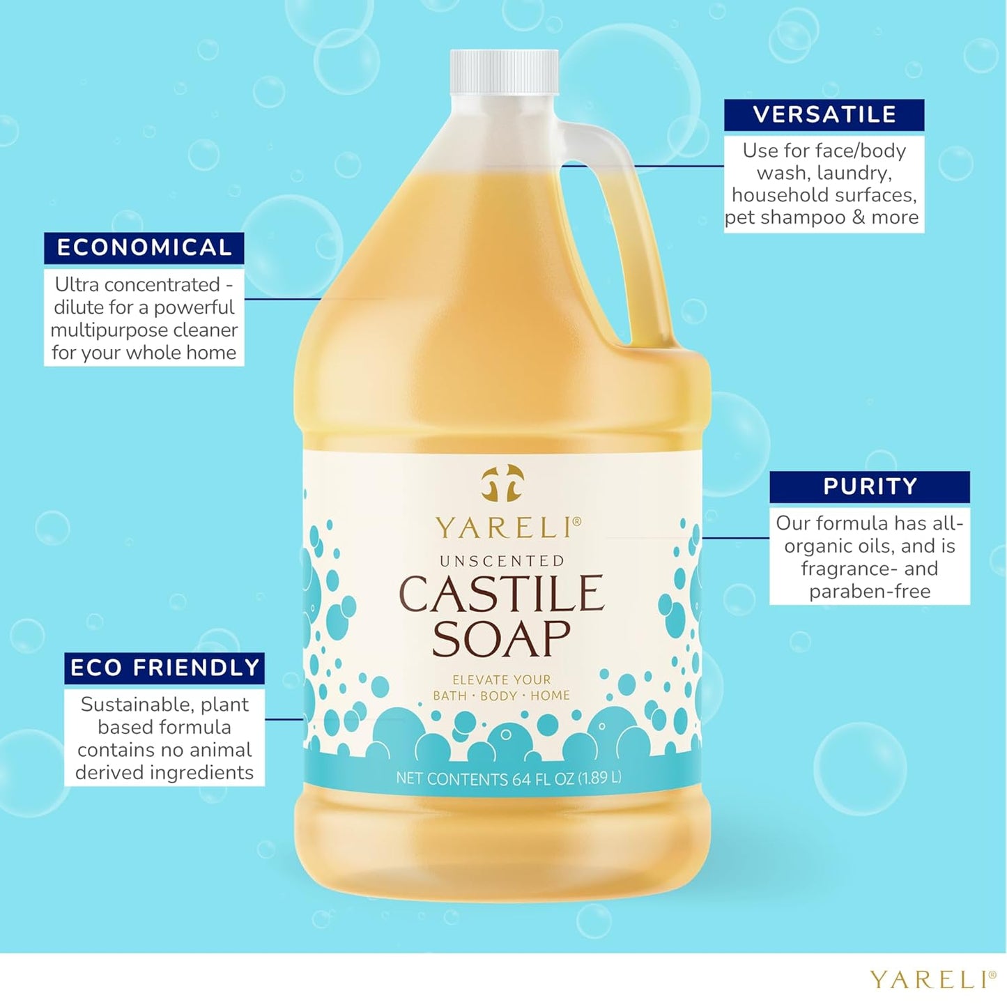 YARELI Pure Castile Soap Liquid Unscented 64Oz – Organic Oils, Fragrance-Free Body Wash, Castile Soap for Bath Body Home Laundry – Made in USA, Vegan