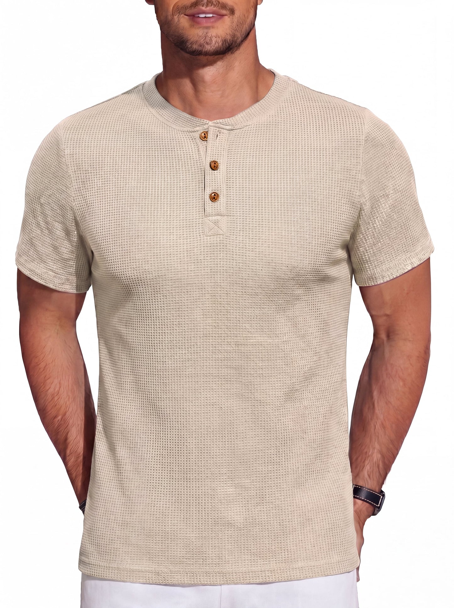 GIRUNS Men'S Short Sleeve Waffle Henley T-Shirt Summer Casual Tee for Men