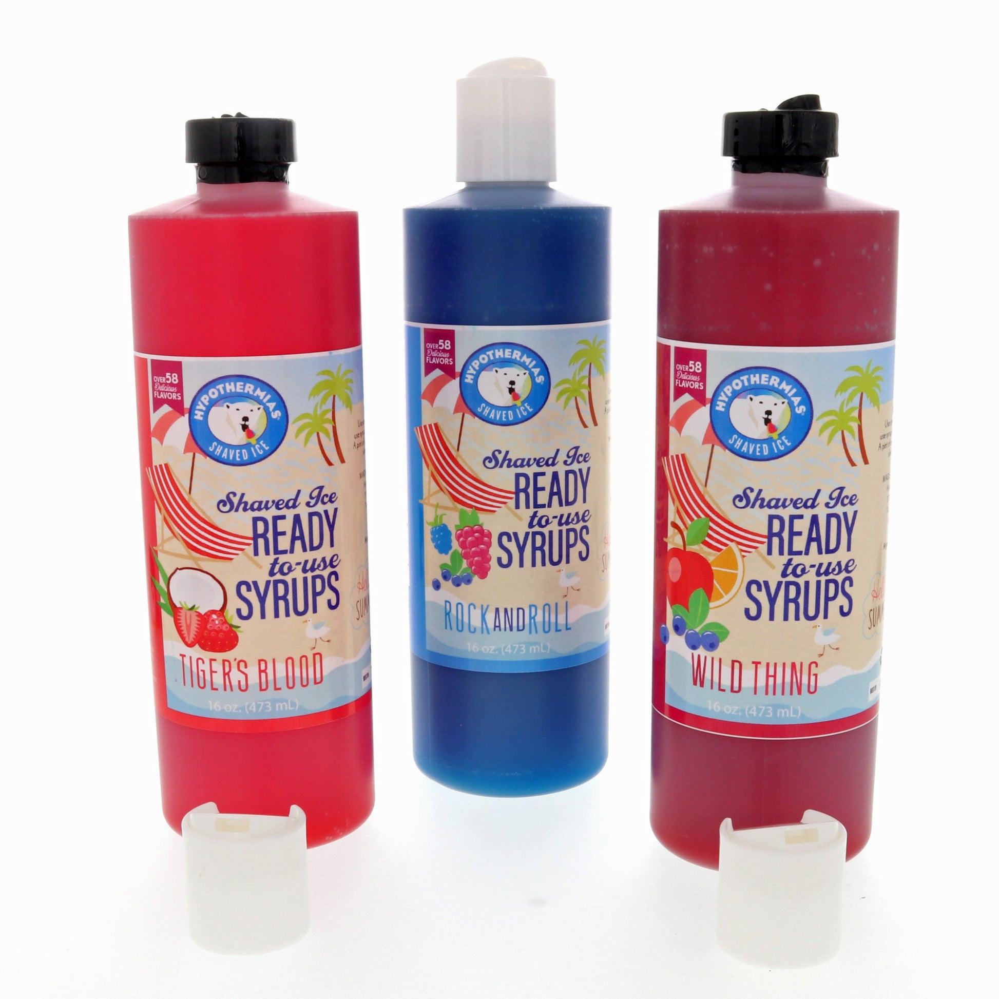 Hypothermias Handcrafted Shaved Ice & Snow Cone Syrup Variety Pack TIGERS BLOOD, ROCK and ROLL, WILD THING (3 Pints - 16 Fl. Oz Each)