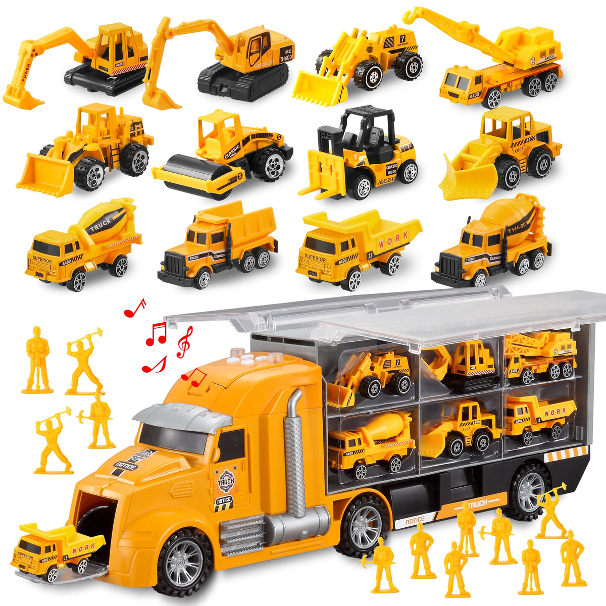 Joyfy 25 in 1 Die-Cast Construction Big Truck Toys,Car Transporter Storage Truck with Sounds and Lights, Great Christmas Birthday Gifts for Toddlers Kids Boys & Girls