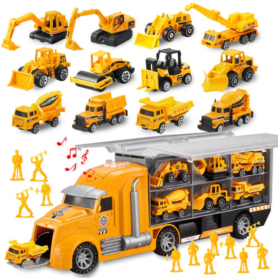 Joyfy 25 in 1 Die-Cast Construction Big Truck Toys,Car Transporter Storage Truck with Sounds and Lights, Great Christmas Birthday Gifts for Toddlers Kids Boys & Girls