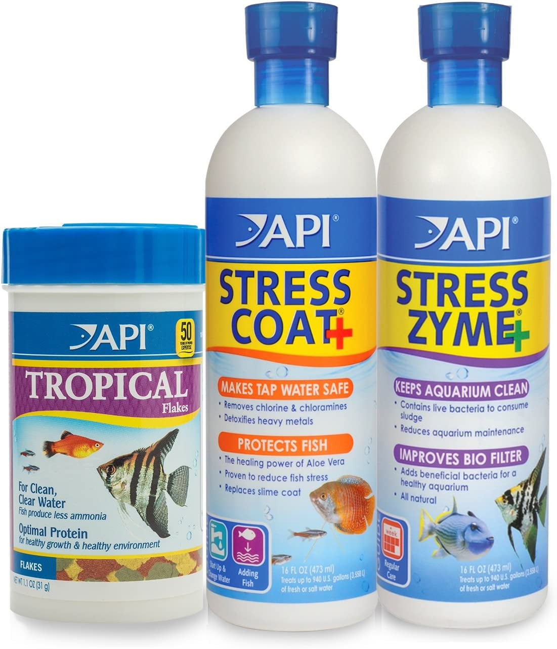 API Aquarium Water Treatment & Trop. Fish Food: Stress Coat 16 Oz, Stress Zyme 16 Oz, Tropical Flakes 1.1 Oz