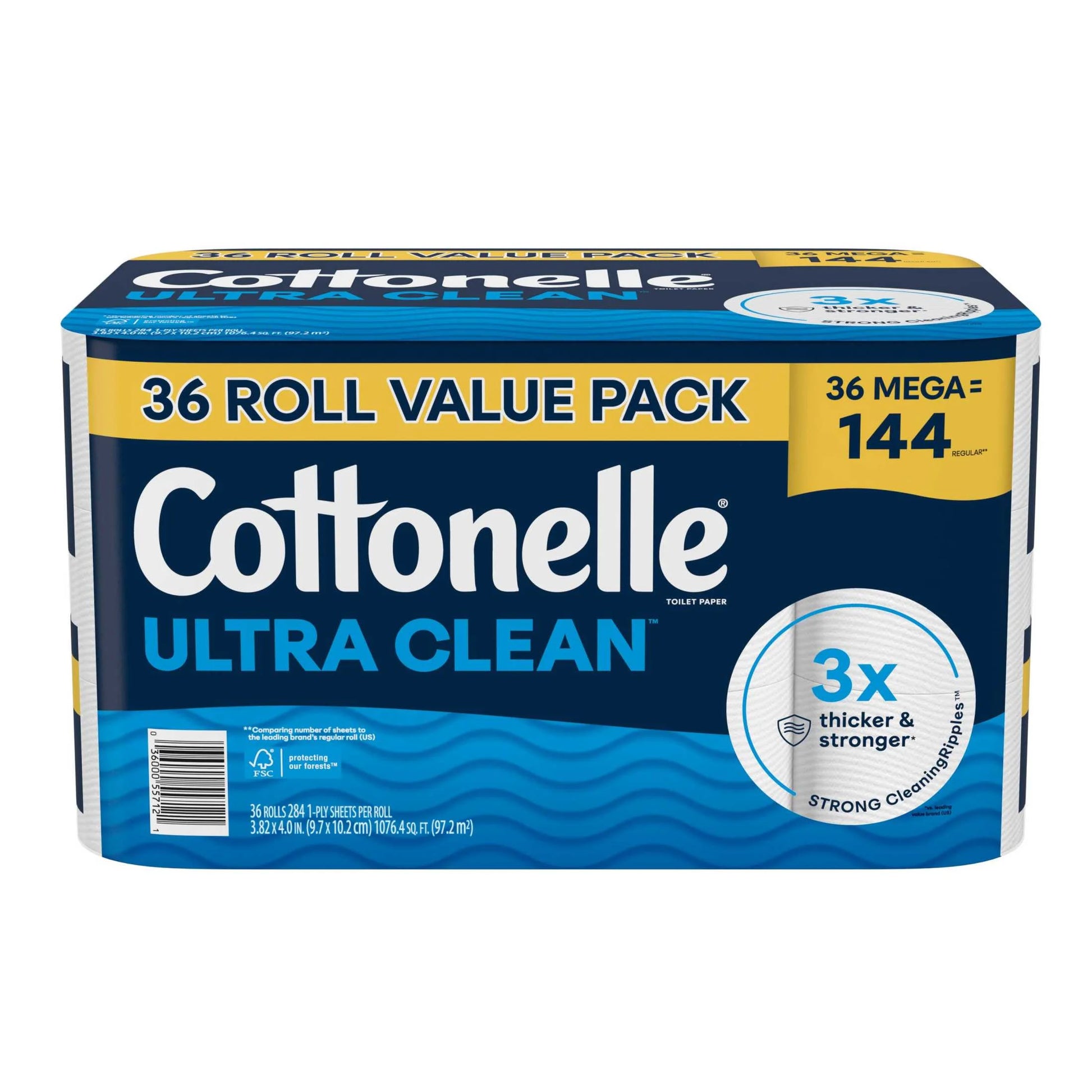 Cottonelle Ultra Clean Toilet Paper, Strong Toilet Tissue, 36 Mega Rolls