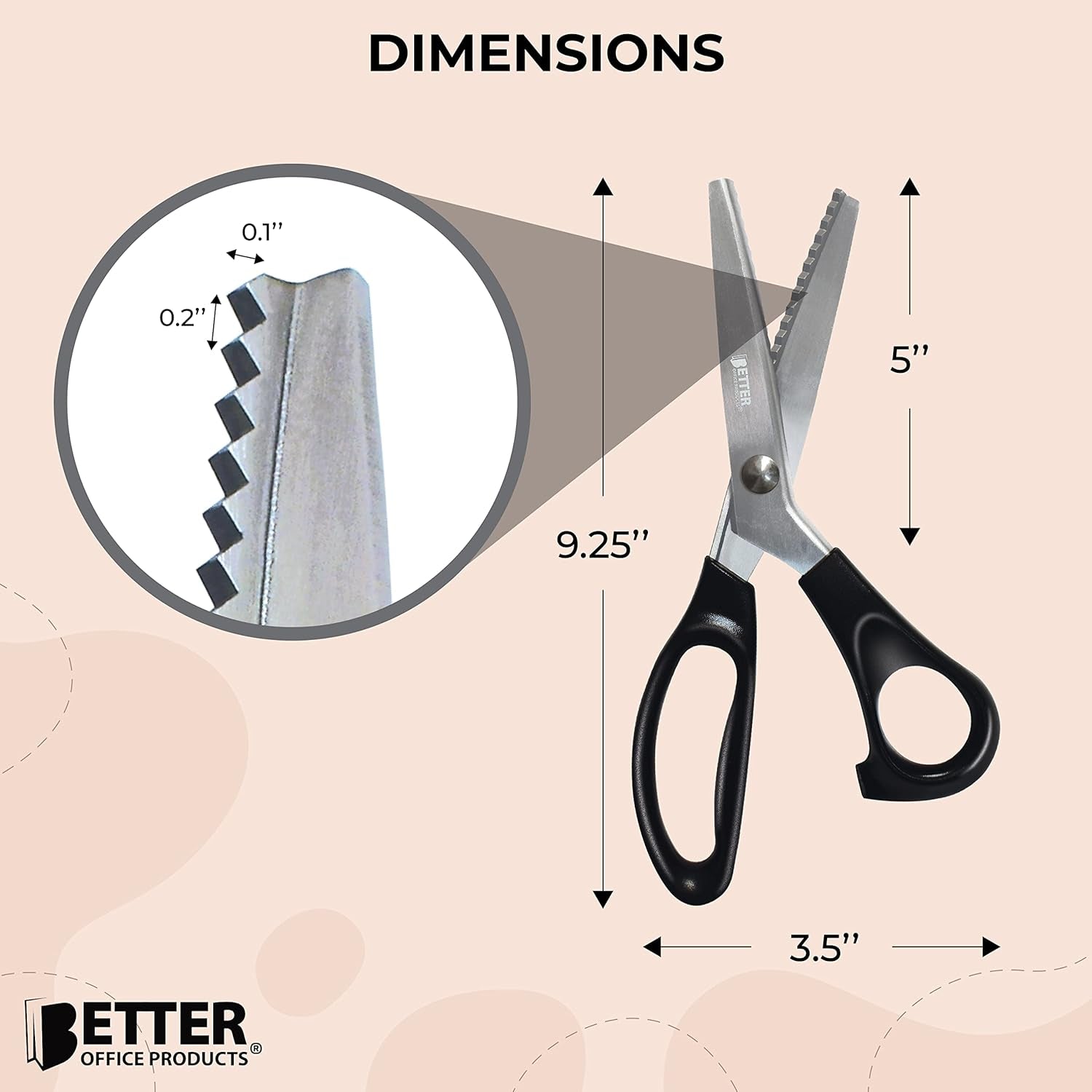 Better Office Products Professional Pinking Shears, 9" Stainless Steel Fabric Pinking Shears, Dressmaking Scissors, Zig Zag Cut Scissors, Serrated Blades for Decorative Patterns