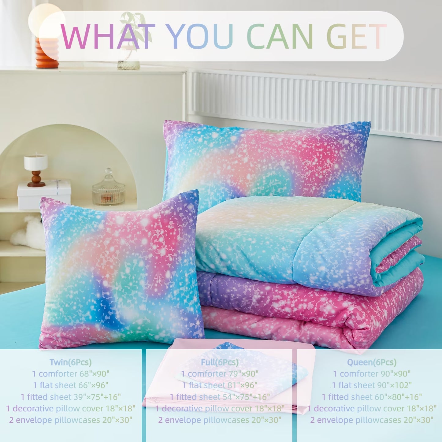 PERFEMET Kids Queen Comforter Set Girls,6-Piece Colorful Rainbow Bedding Set,All-Season Galaxy Star Bed Set with Sheets for Queen Beds