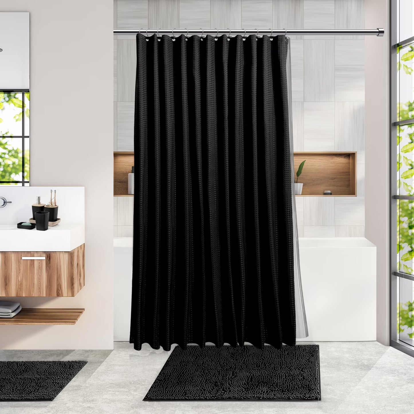 Hearth & Harbor 20 Piece Bamboo Bathroom Sets, Black Bathroom Accessories Set with Shower Curtain