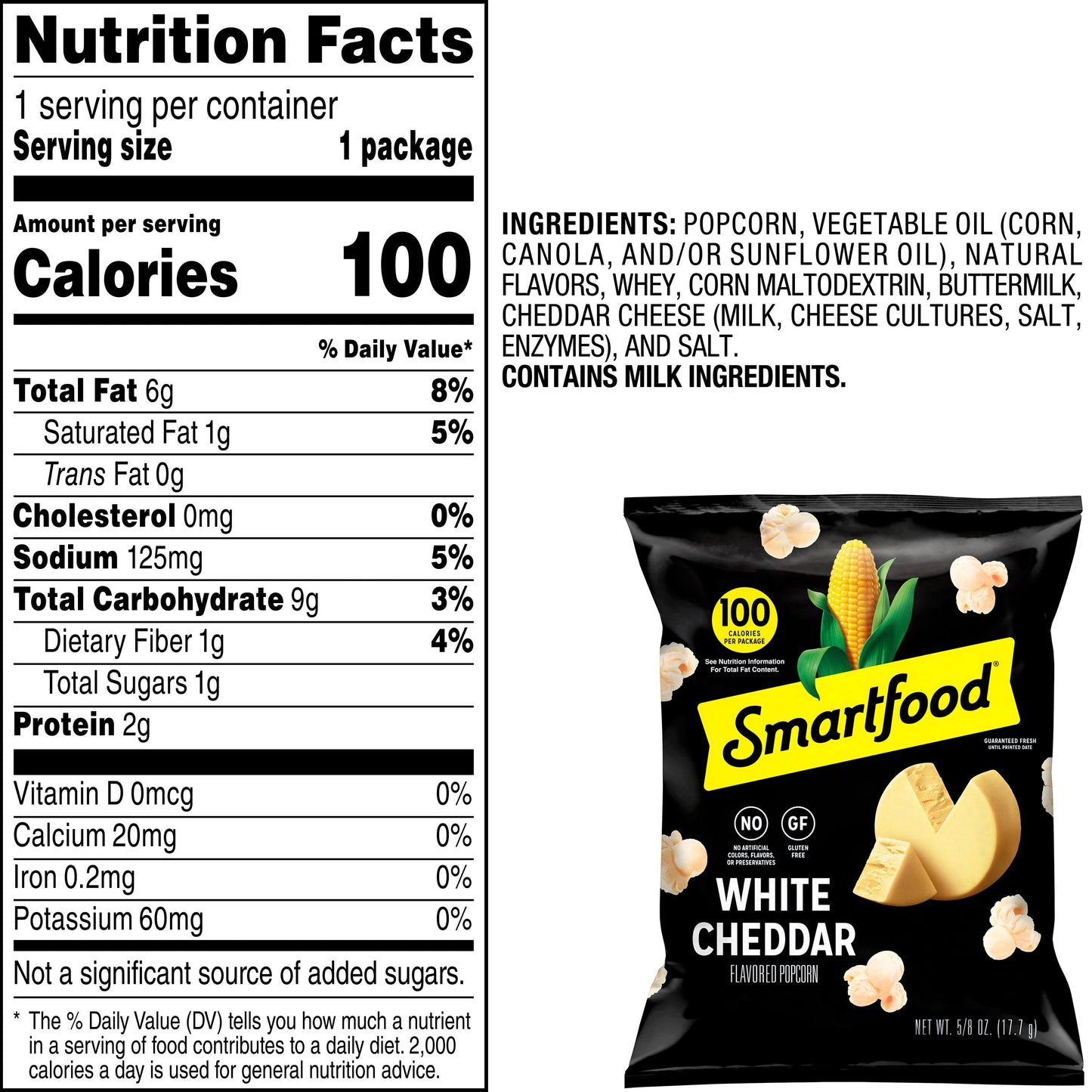 Smartfood Gluten Free, No Artificial Colors White Cheddar Popcorn Bag, 0.625 Oz (40 Pack)​