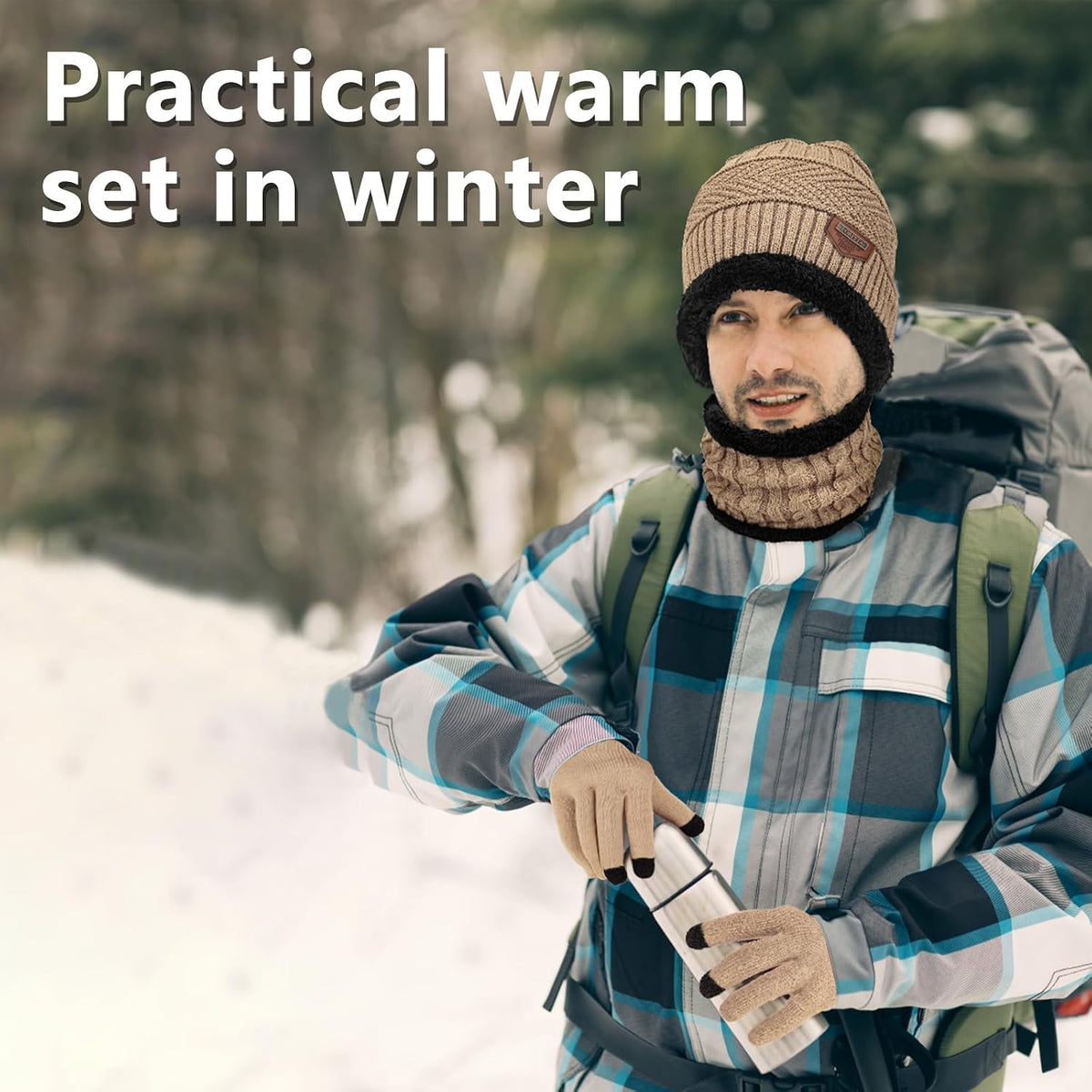 Loritta Winter Hats for Men, 3 PCS Fleece Beanie Scarf Gloves Set