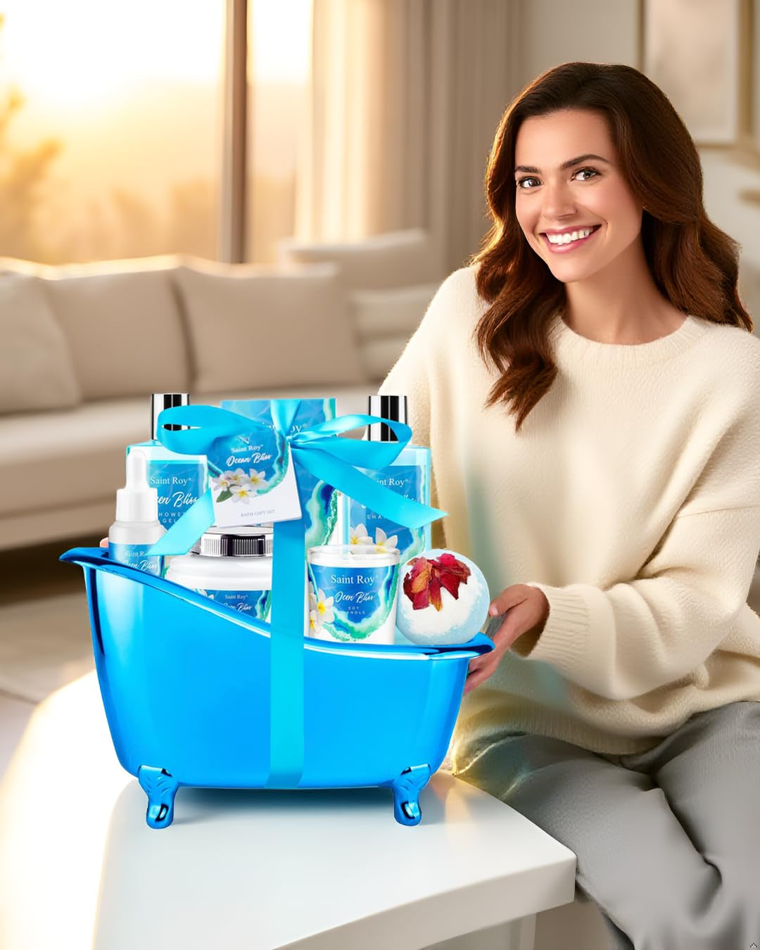 Mothers Day Gifts for Women Bath & Body Gift Set, Bath Basket Spa Kit Gifts for Her Him Birthday Gift for Woman, Self-Care Home Spa Kit, 8Pcs Christmas Gift for Women Ocean Vanilla, Spa Gift Baskets