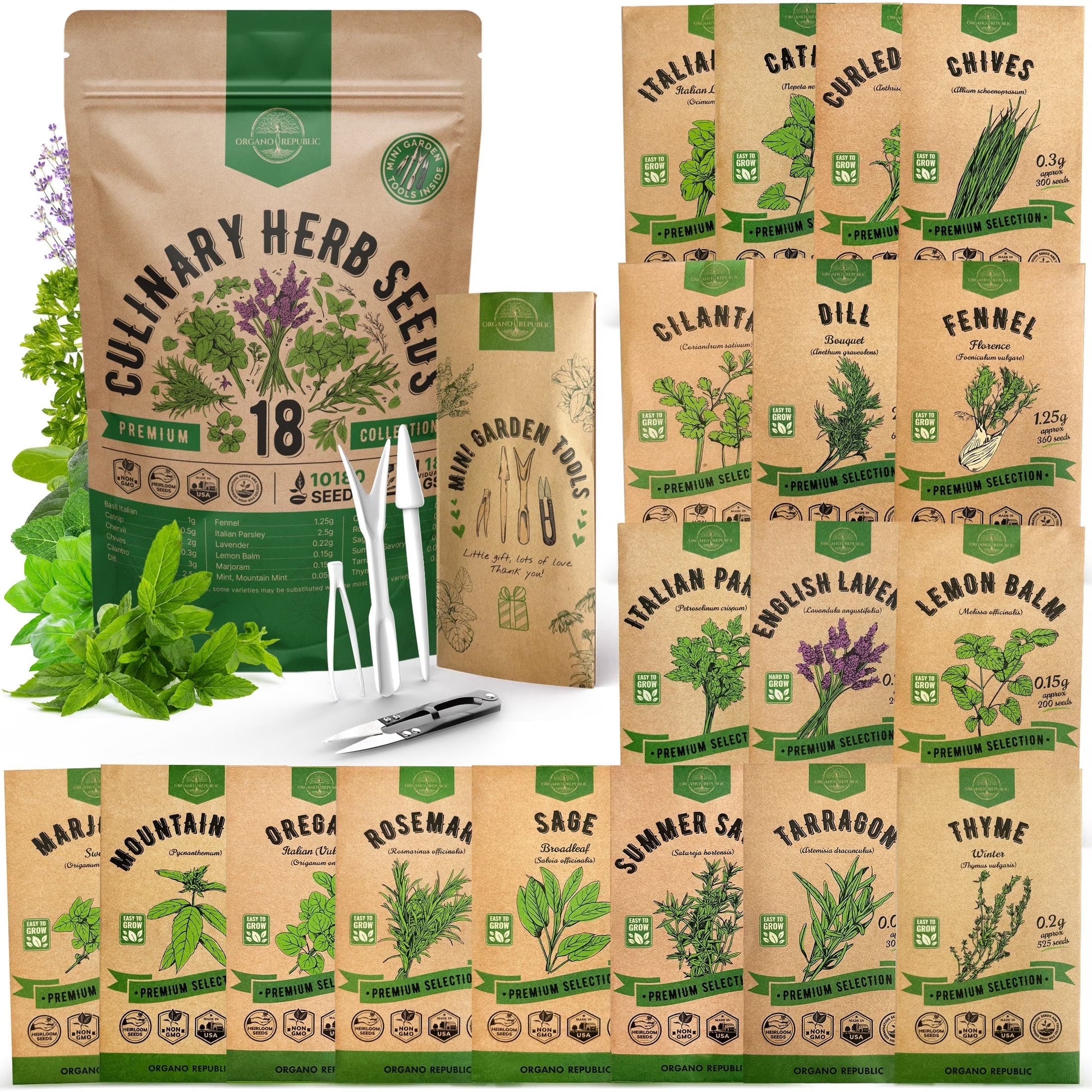 Organo Republic 18 Culinary Herbs Seeds Variety Pack - 10,180+ Heirloom, Non-Gmo, Herbs Seeds