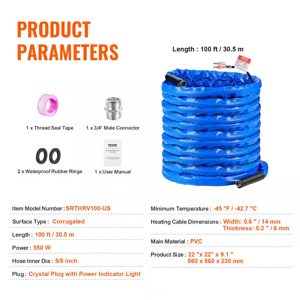 100 Ft. Heated Water Hose for RV -45℉ Antifreeze Heated Drinking Water Hose