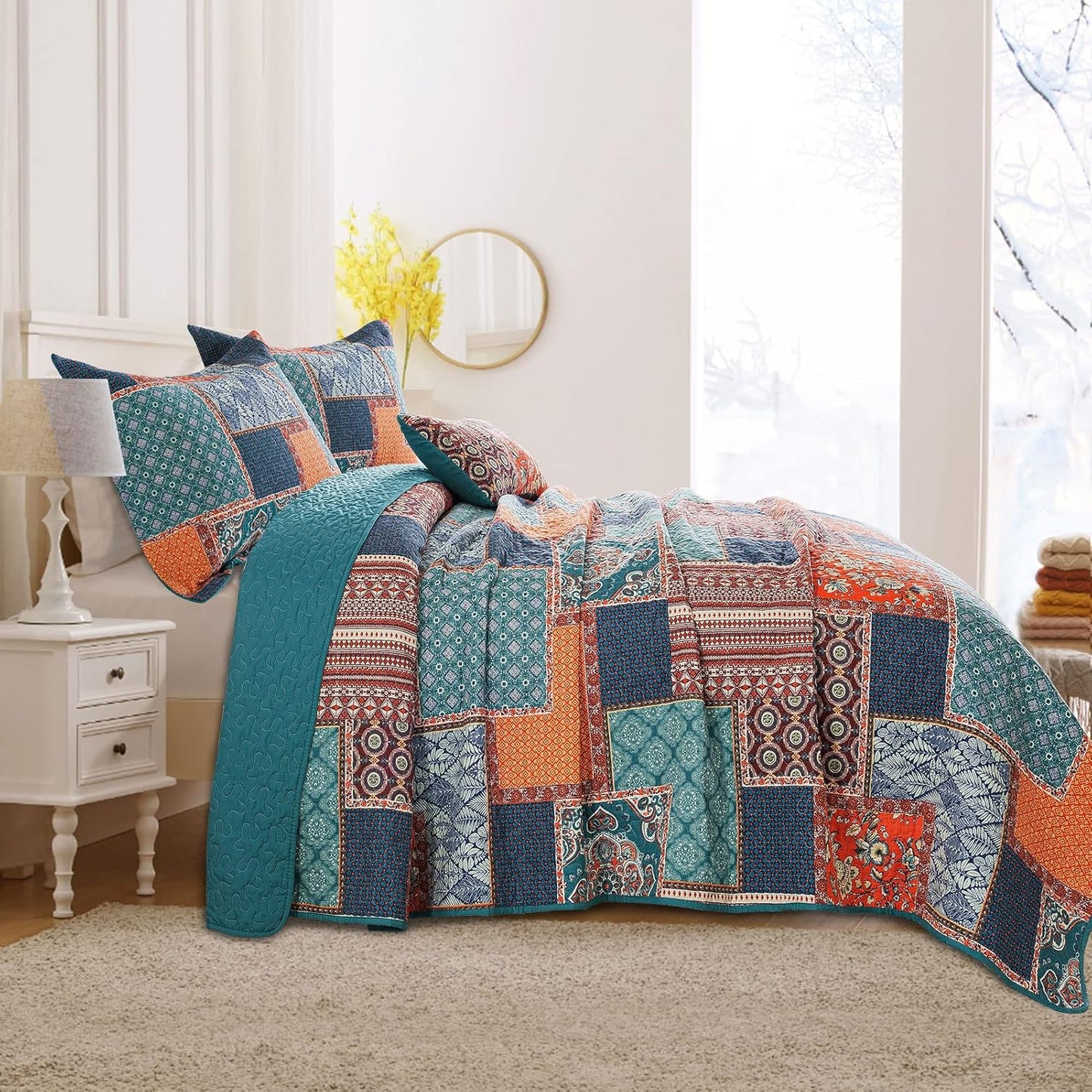 VAPUTAR 100% Cotton Face Quilt King Size Bedding Set - Quilt Bedding Set | Farmhouse King Size Quilts, Lightweight Reversible Coverlets Bedspreads for Bedroom