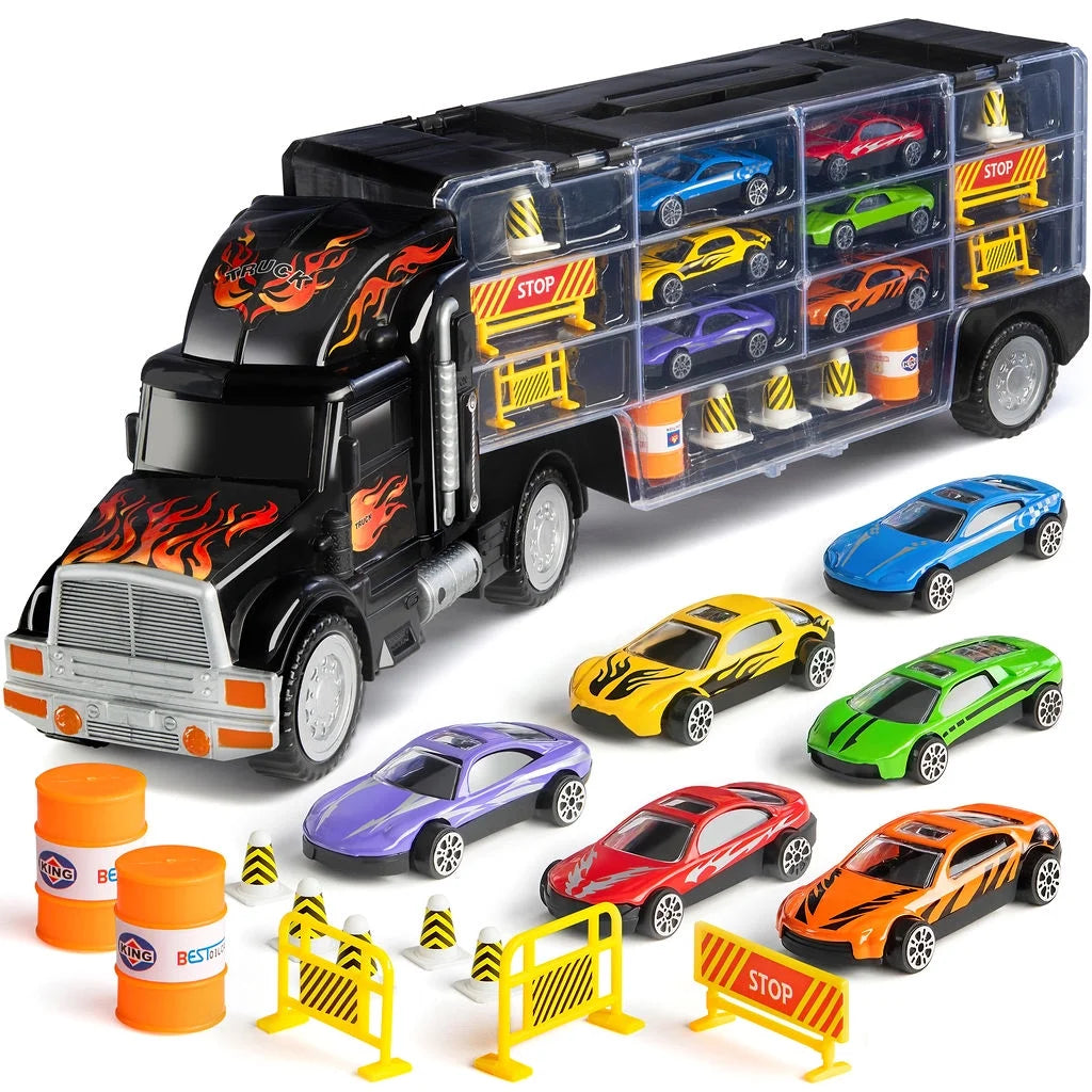 Toy Truck Transport Car Carrier - Toy Truck Includes 6 Toy Cars and Accessories - Toy Trucks Fits 28 Toy Car Slots - Great Car Toys Gift for Boys and Girls - Original by Play22Usa
