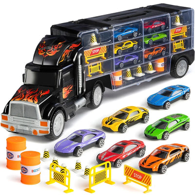 Toy Truck Transport Car Carrier - Toy Truck Includes 6 Toy Cars and Accessories - Toy Trucks Fits 28 Toy Car Slots - Great Car Toys Gift for Boys and Girls - Original by Play22Usa
