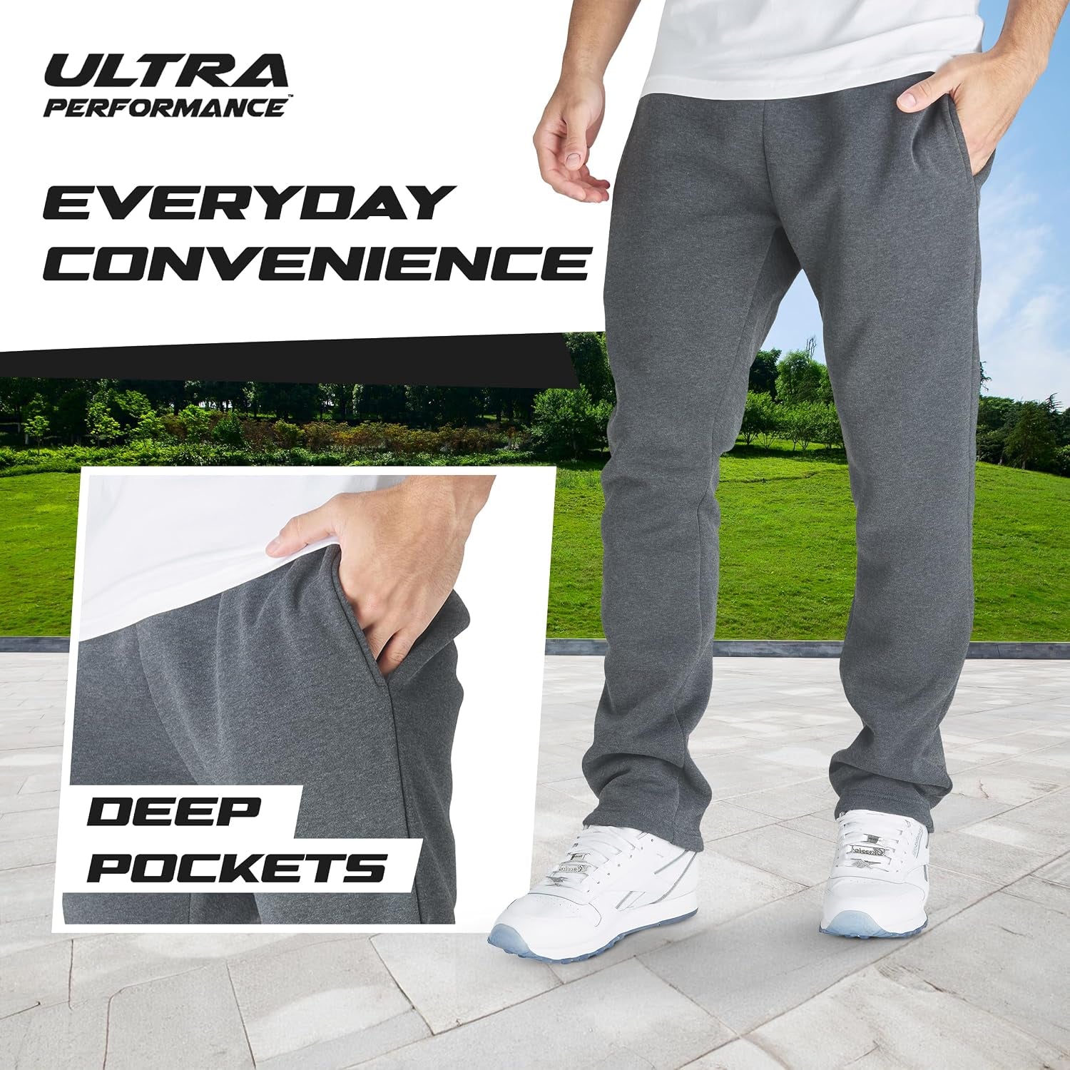 Ultra Performance 3 Pack Mens Fleece Wide Leg Sweatpants with Pockets, Open Bottom Workout Sweatpants for Men