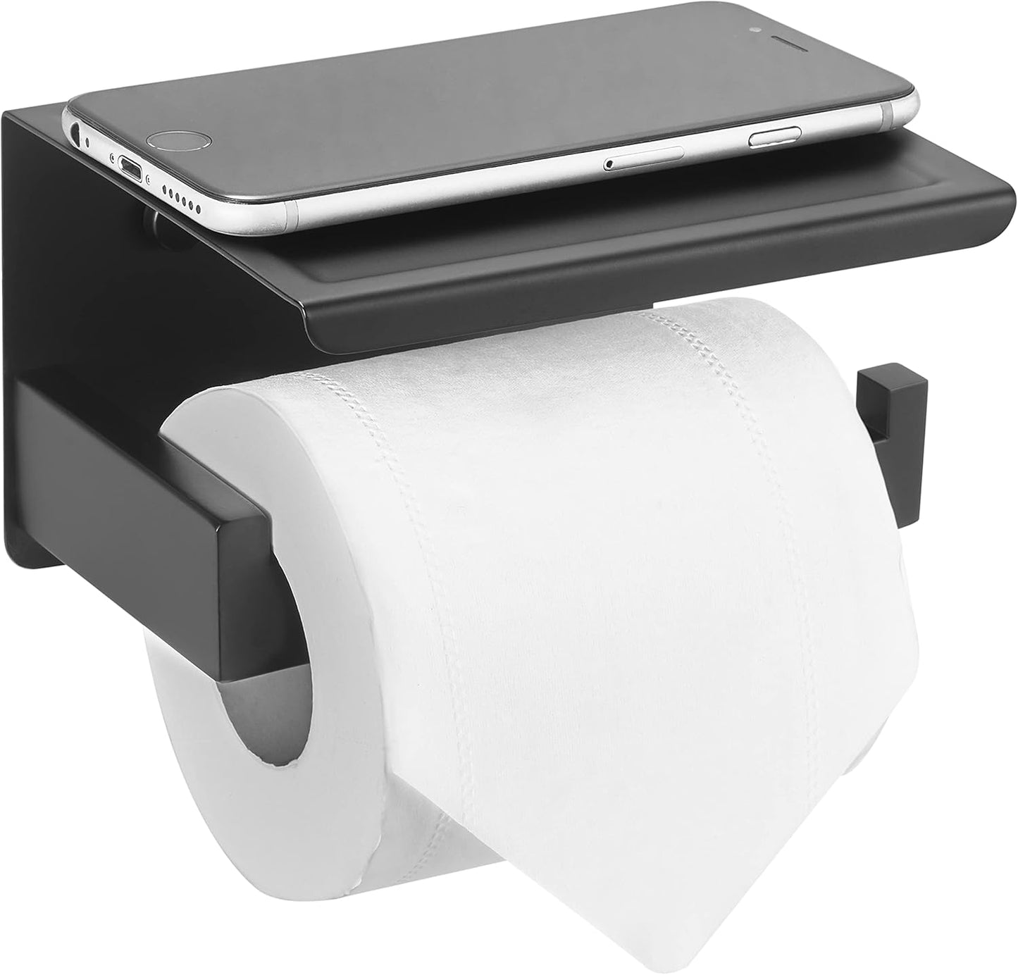 HITSLAM Toilet Paper Holder with Shelf, Stick on Matte Black Toilet Paper Roll Holder, Self Adhesive or Wall-Mount with Screws for Bathroom,Washroom