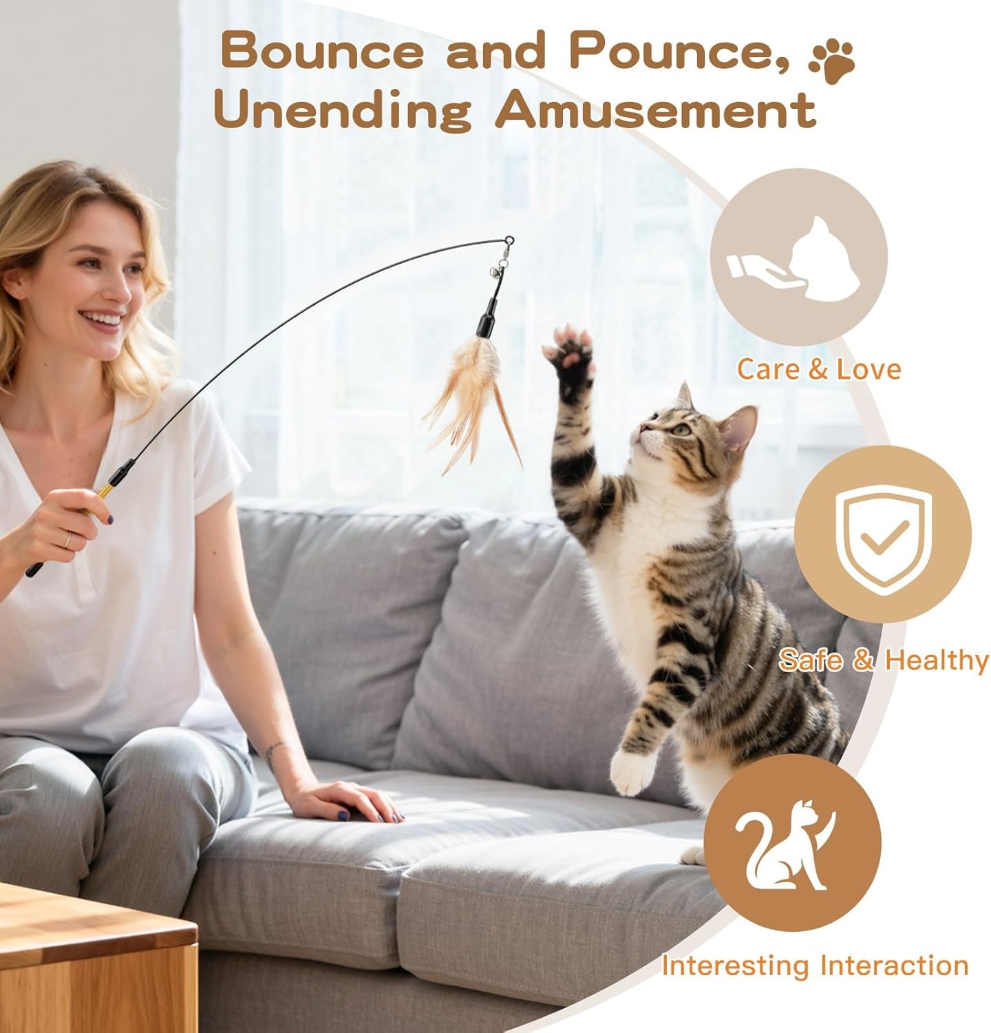 Pawaboo Feather Teaser Cat Toy - Interactive Wand with Extra Long 34.5" Wand and Small Bell, Fun Exerciser Playing Toy for Kittens or Cats, Brown Feather