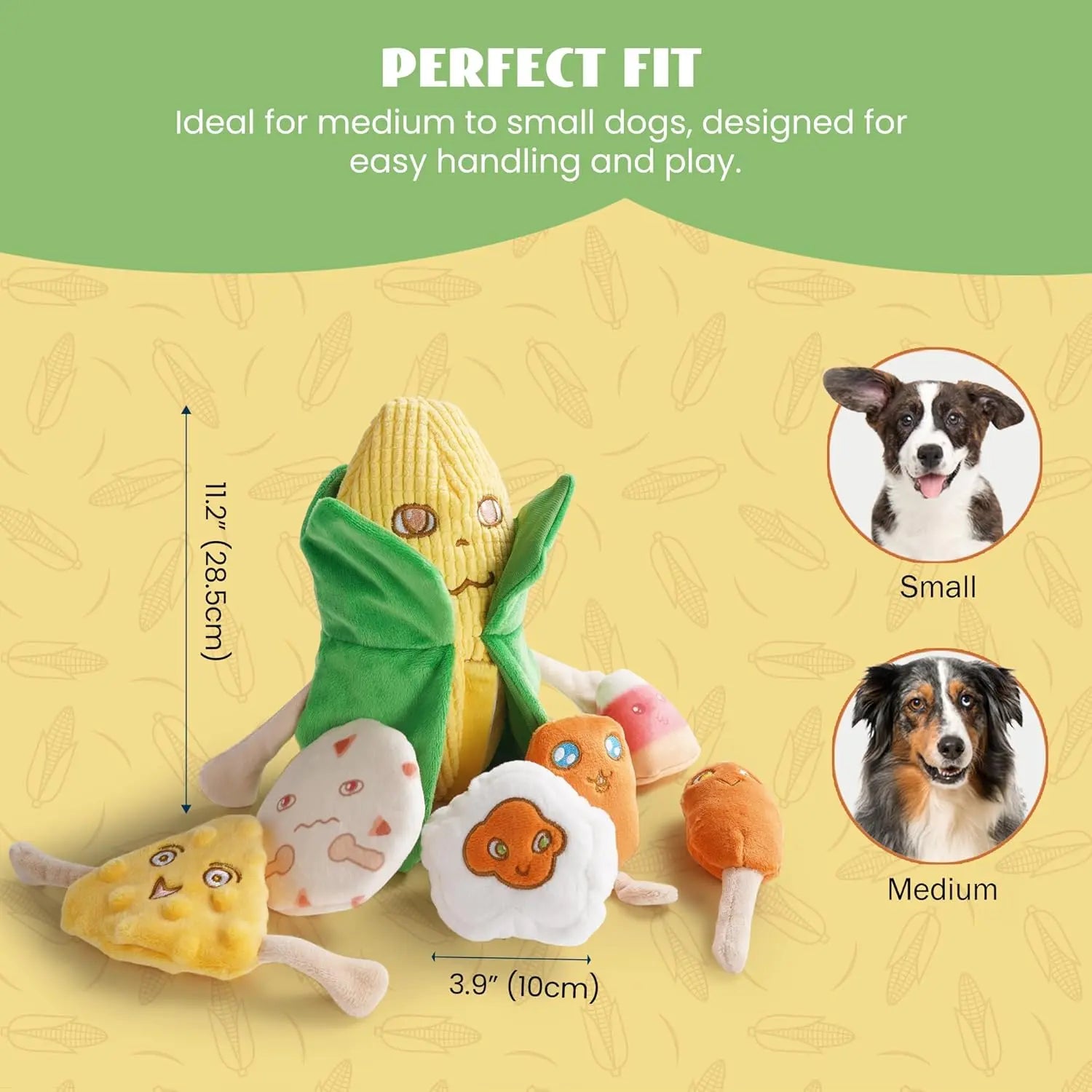 Nocciola 7-In-1 Mr.Cornelius Plush Dog Toy - Big Corn Man with 6 Squeaky & Crinkle Corn Snacks, Training & Enrichment Toys for Small & Medium Dogs