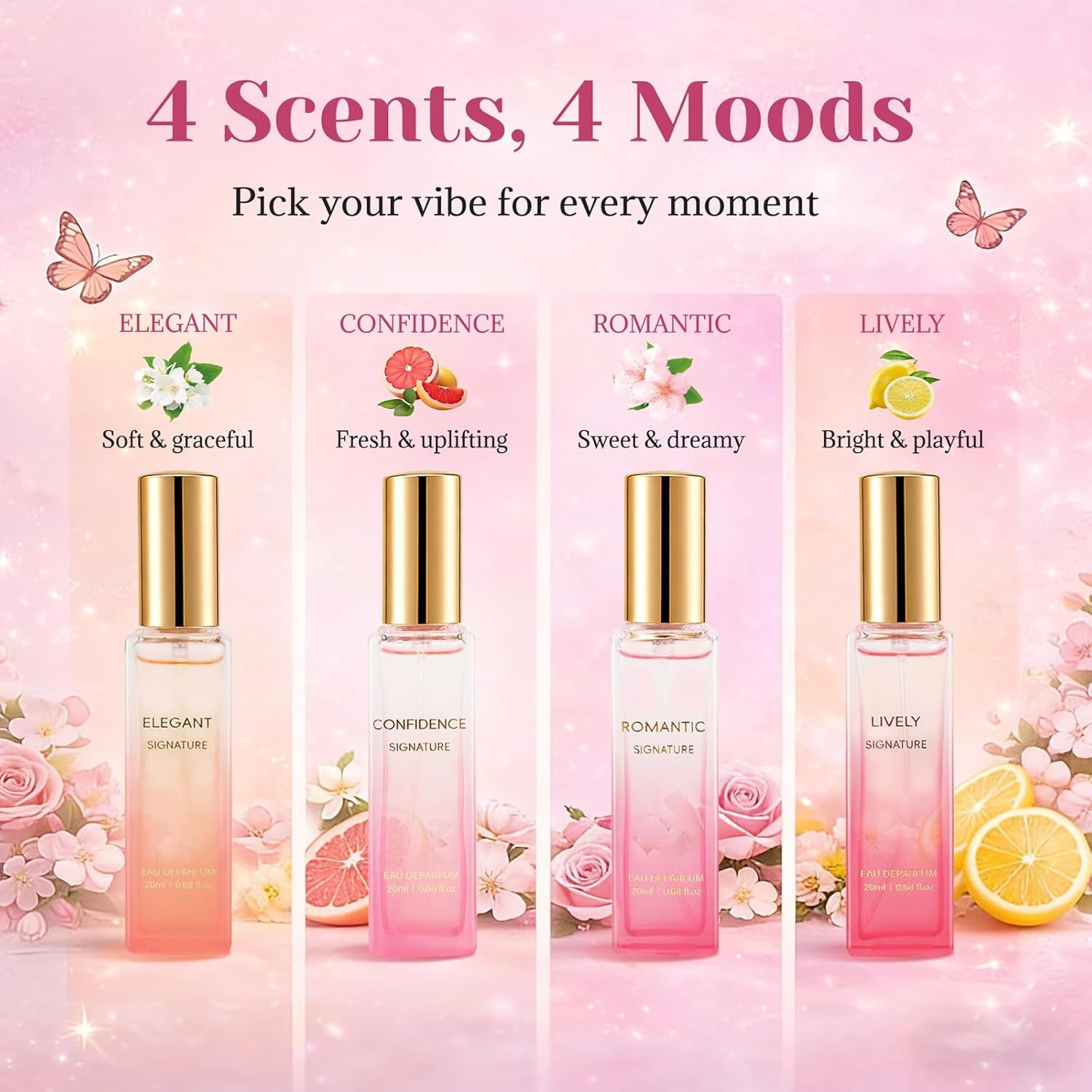 Perfume Gift Set for Women, 4 X 20Ml Eau De Parfum Spray, Floral & Fruity Fragrance Set (Elegant, Confidence, Romantic, Lively), Travel Size Perfume, Gifts for Women, Wife, Girlfriend & Mom