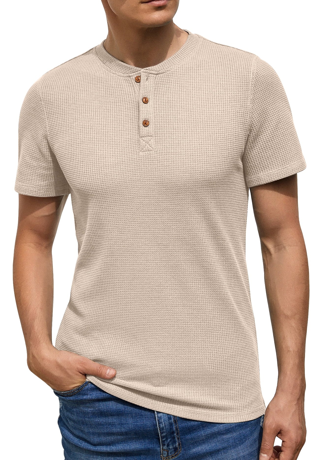 GIRUNS Men'S Short Sleeve Waffle Henley T-Shirt Summer Casual Tee for Men