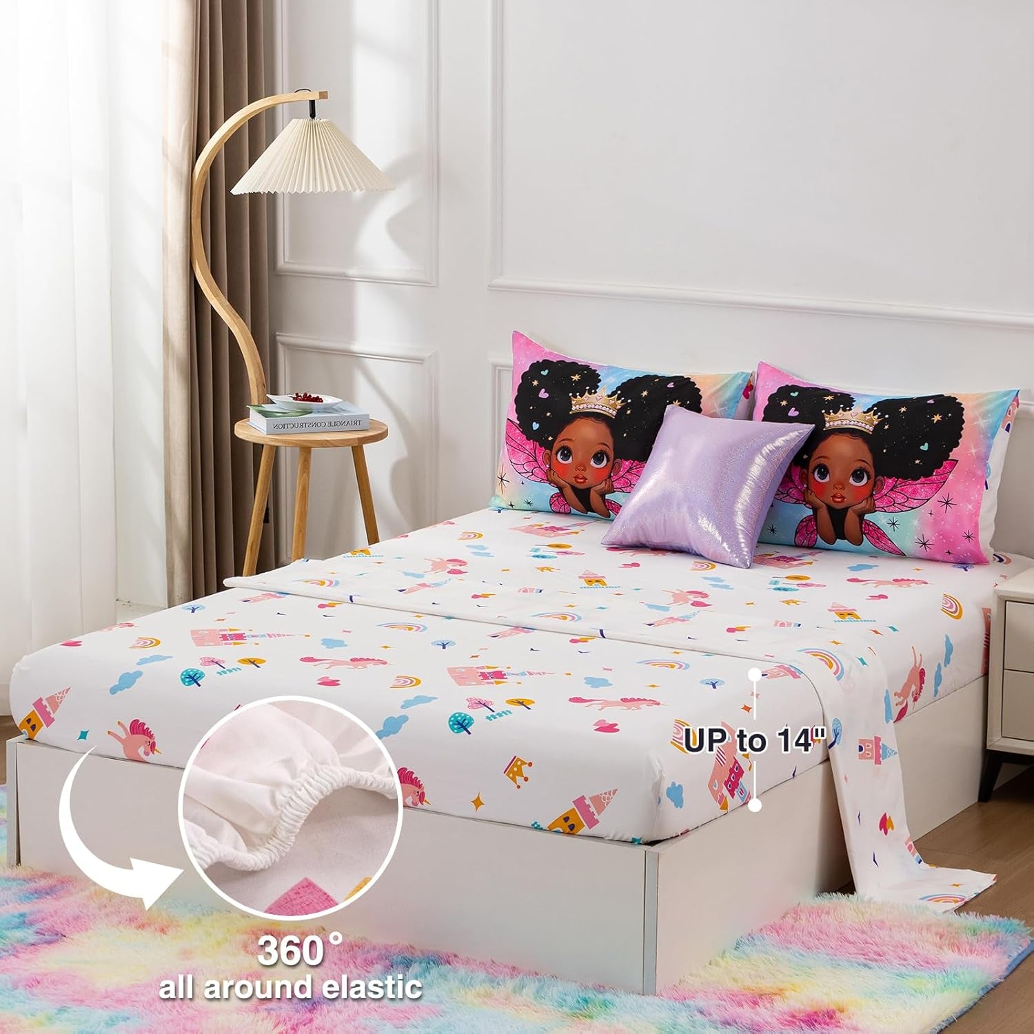 A Nice Night Black Girl Princess with Wings Comforter Set,Pink Gradient Glitter Rainbow Galaxy 6Pcs Kids Twin Size Bedding Set,Room Decor for Girls