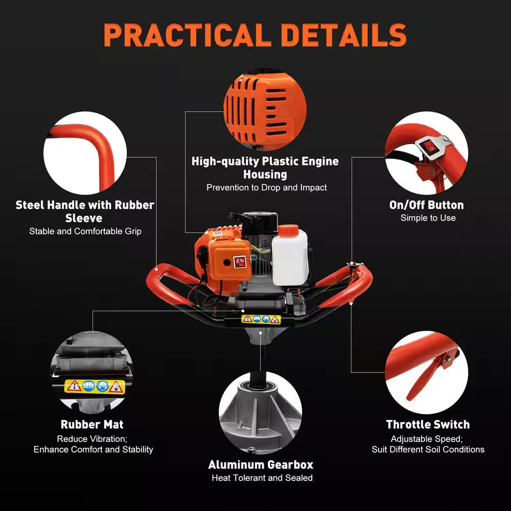 52 Cc Gasoline Engine Single-Cylinder 2-Stroke Post Hole Digger with 4 In./6 In./8 In. Bits