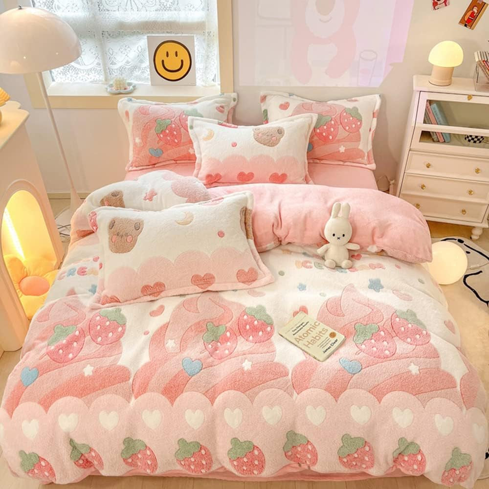 Pink Strawberry Duvet Cover Set Fluffy Kawaii Cartoon Comforter Cover Soft Kids Twin Size Bedding Set (Strawberry)