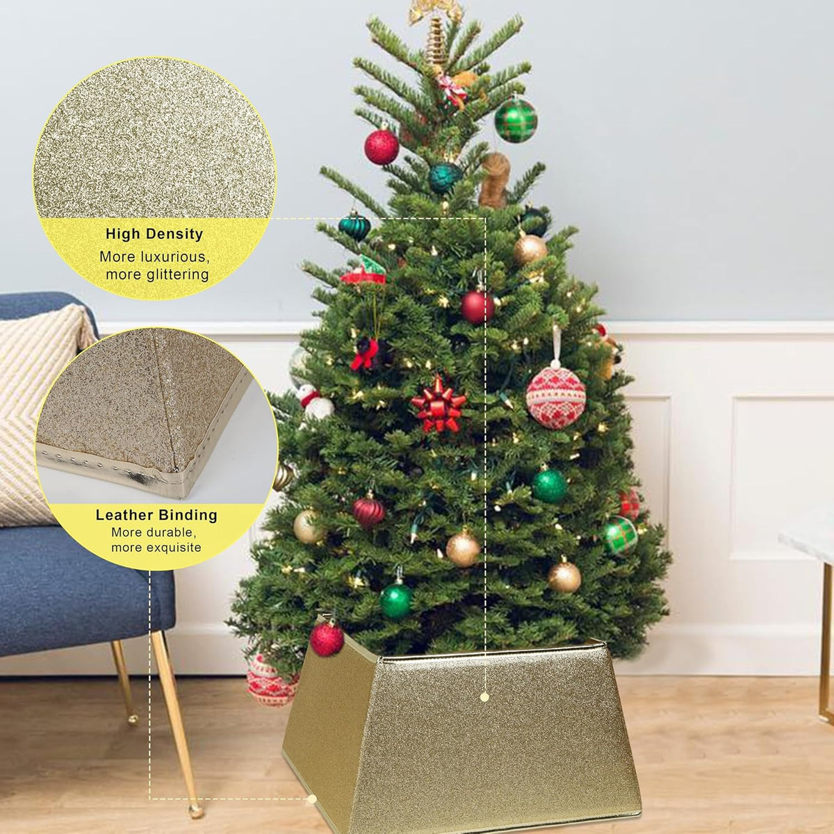 Fabric Christmas Tree Collar, Square Xmas Tree Ring, Glittering Willow Christmas Tree Skirt for Christmas Tree Decorations (Glitter Gold)