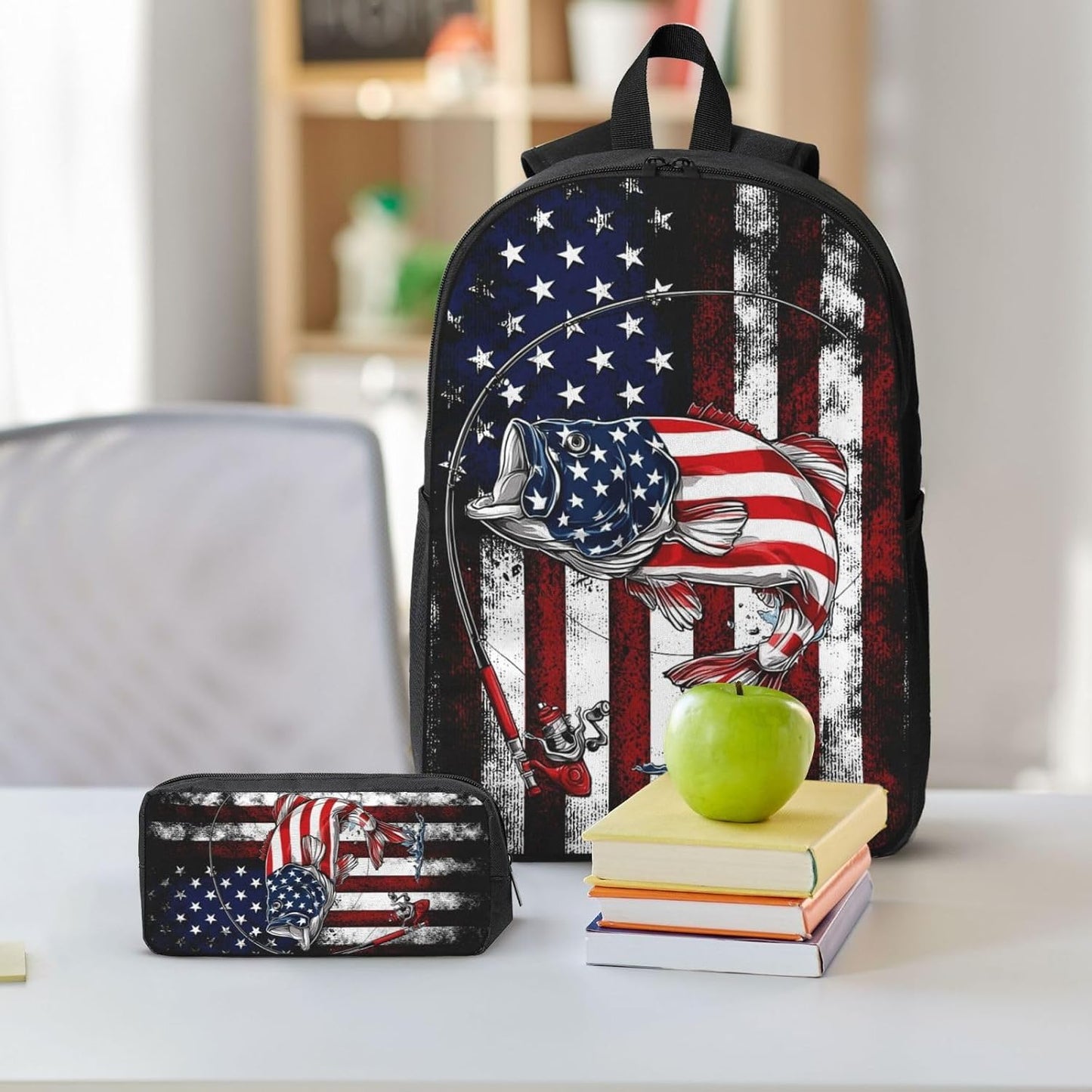 USA Fish Kid Backpack Set with Lunch Bag & Pencil Case Large Capacity School Bag 17 Inch Bookbag for Boy Girl