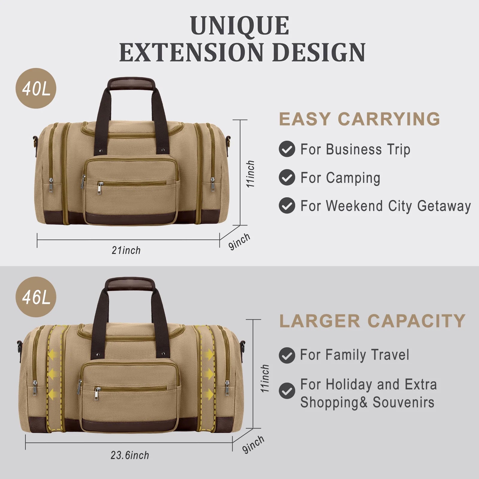 Gynky Duffle Bag for Travel Bag 46L Large Expendable Duffle Bags for Men Weekender Bag with Trolly Sleeve for Business Trip Travel Camp Gym, Khaki